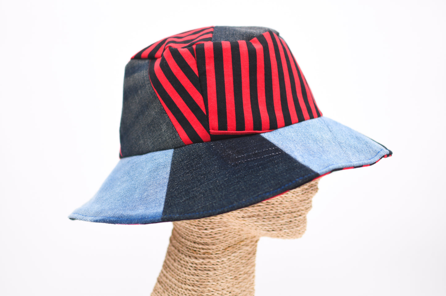 1 Of 1 4-Way-Wear Handmade Black Red Stripes And Denim Patchwork Bucket Hat One Size Only ONE Up To 23 Head Circumference
