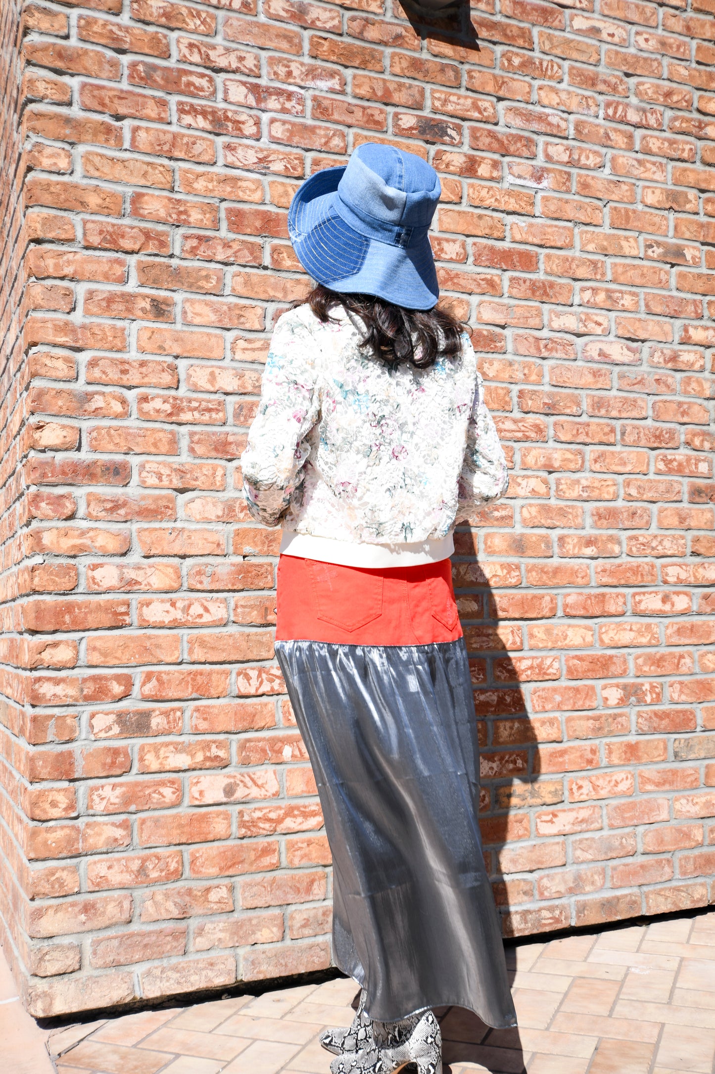 Handmade 1 Of 1 Two-Section Red Orange Denim And Flowy Dark Metallic Gathered Long Skirt One Size Size Medium Size 29