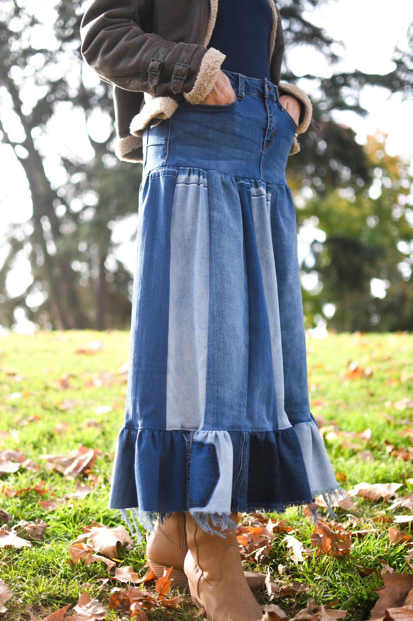 Handmade 1 Of 1 Upcycled Three Tier Patchwork Denim Long Skirt With Ruffle From Jeans Only One One Size Small Size Medium