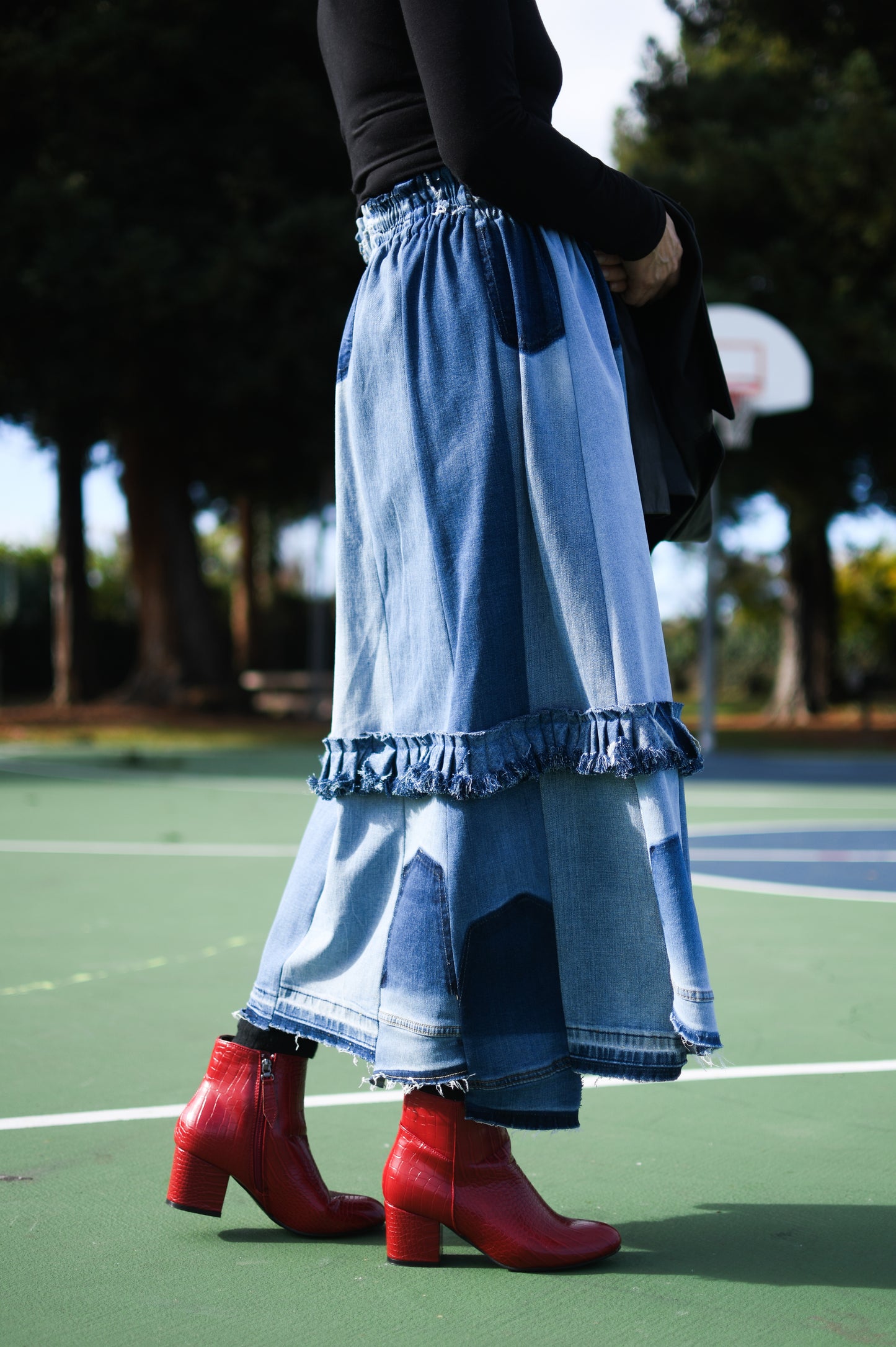 Handmade 1 Of 1 360 Degree Upcycled Denim Long Skirt With Ruffle In The Middle Elastic Waistband Only One One Size Small Medium Large XL XXL
