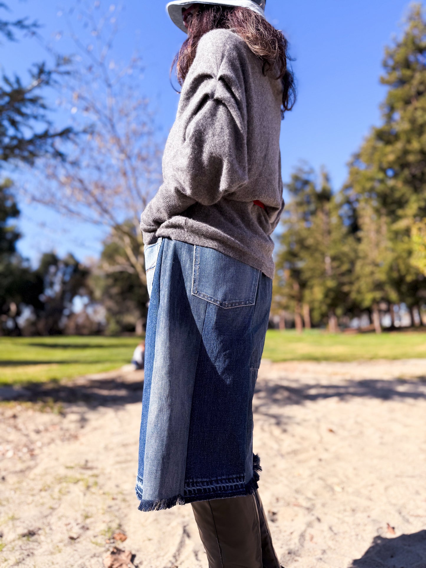Handmade Upcycled Two-Shades Denim Patchwork A-Line Mid-Length Skirt W/ Elastic Waistband And Four Patch Pockets Size M L XL 0X 1X ALL Fit