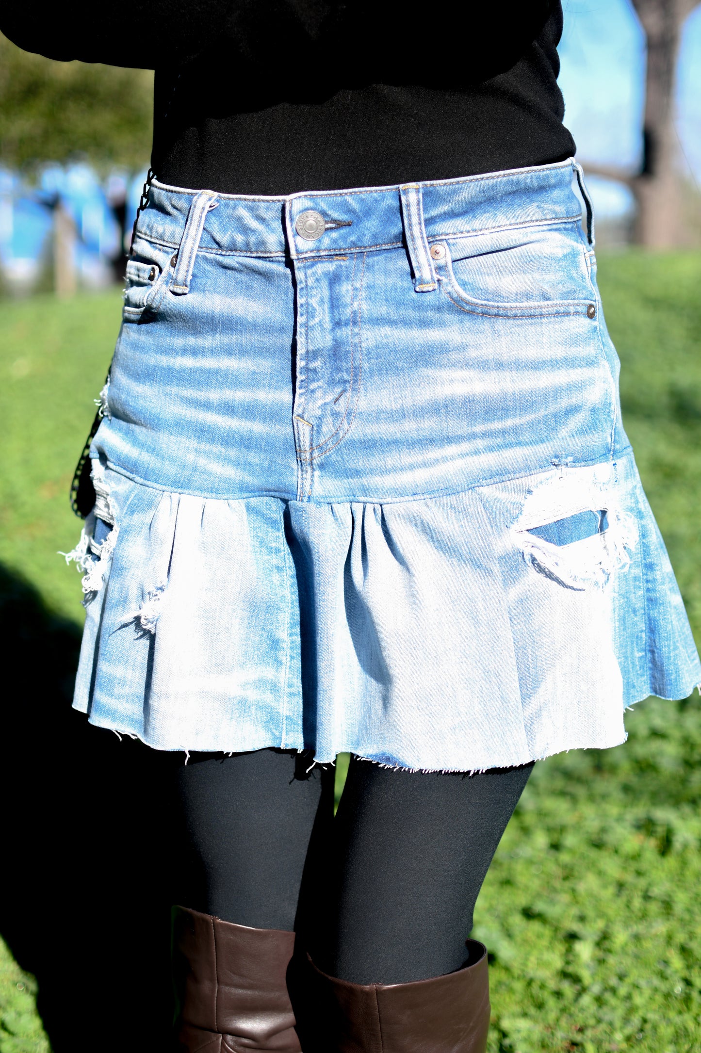 Handmade Upcycled Distressed Two-Section Light Blue Gathered Denim Short Skirt Size Medium