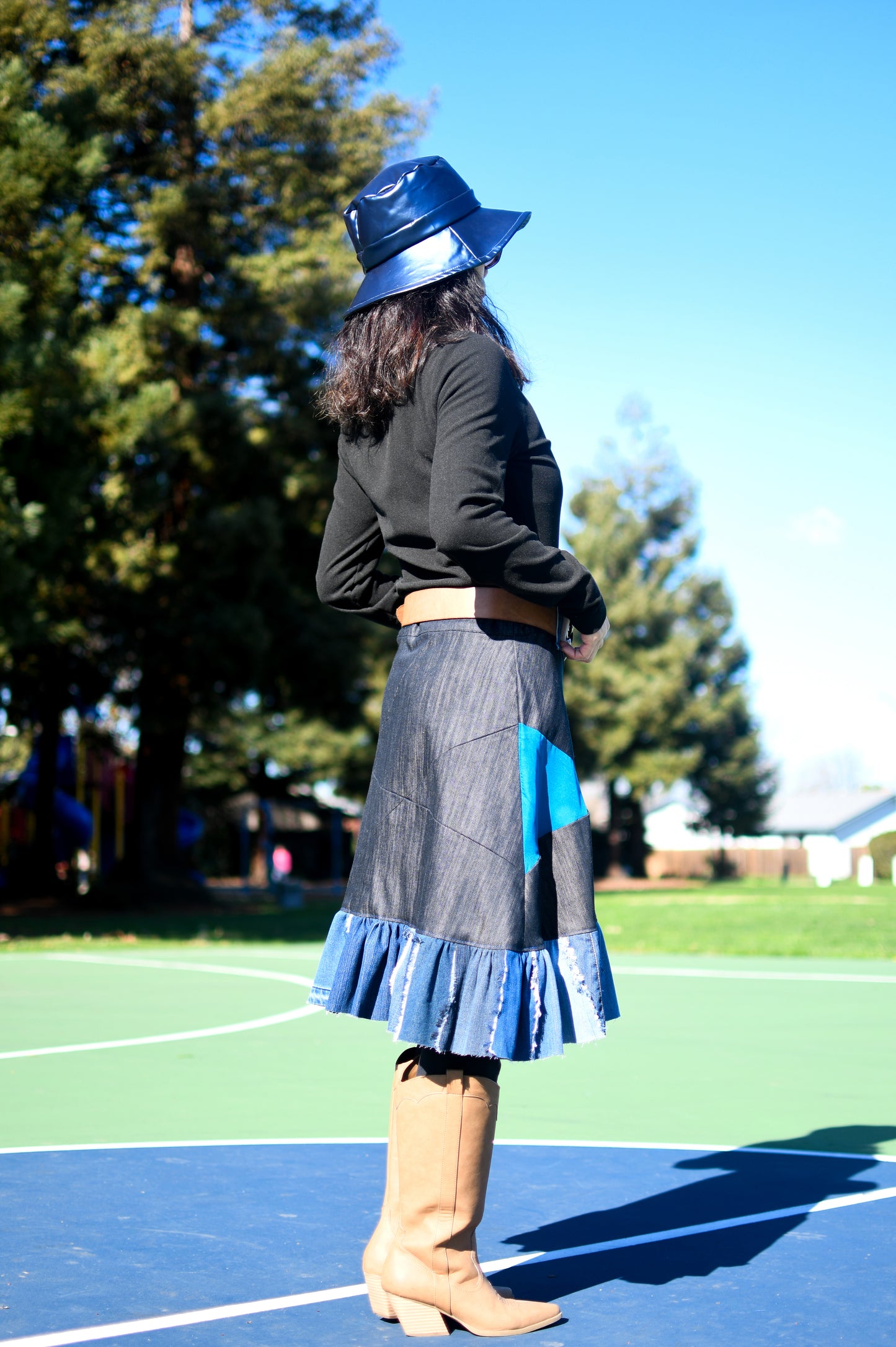 Handmade 1 Of 1 Upcycled Multi-Shade Denim Patchwork Two-Section Knee Length Skirt With Ruffle One Size Size Medium Size Large