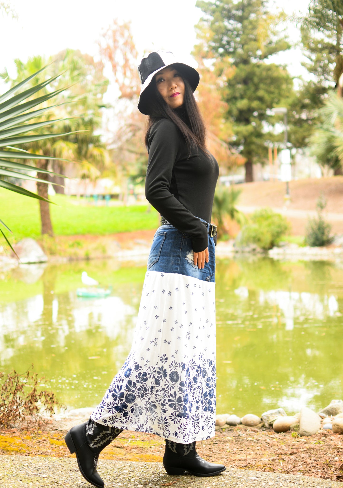 Handmade 1 Of 1 Porcelain Blue Floral Print Two Section Flowy Denim Long Skirt One Size Size Large Size XL