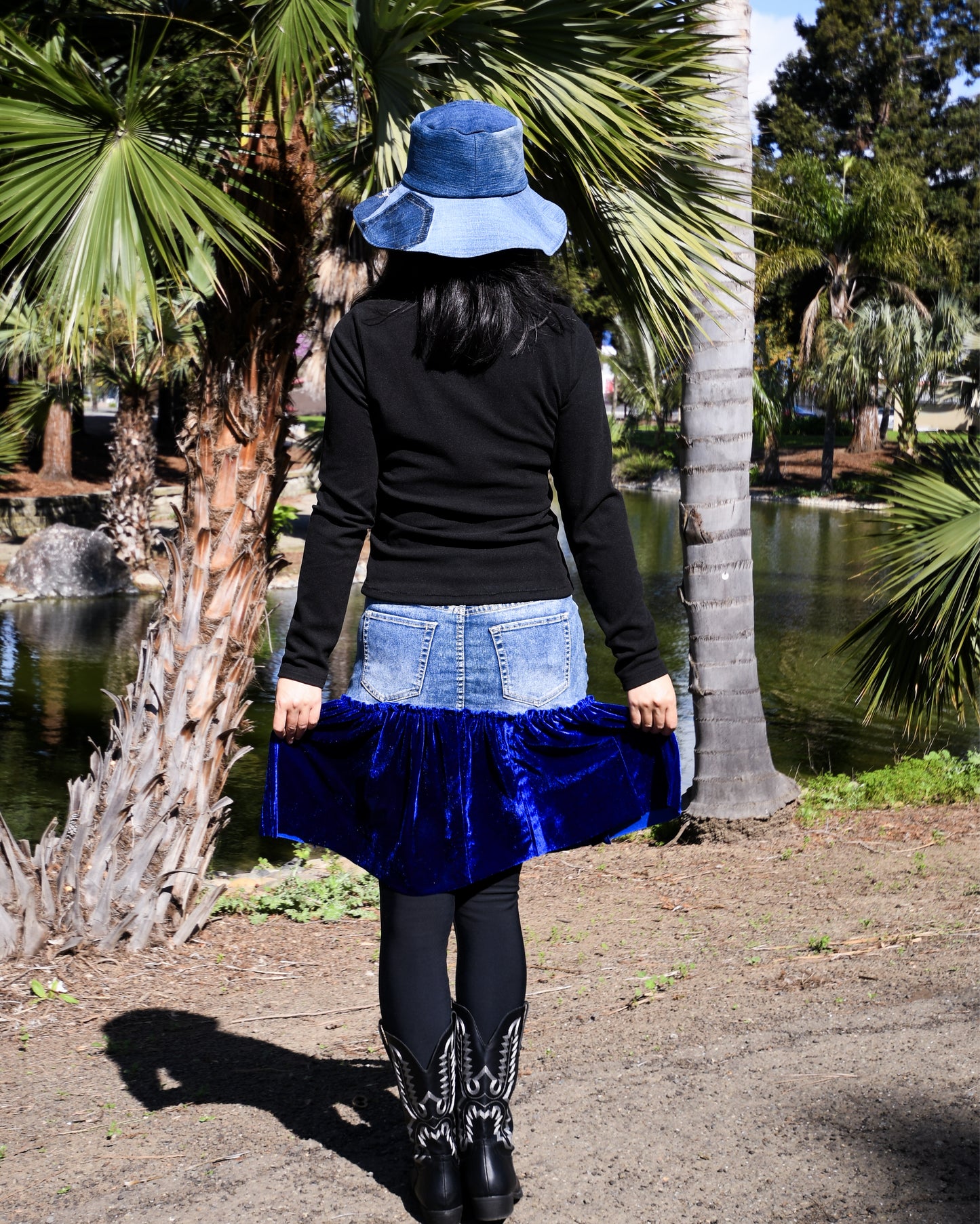 Handmade 1 Of 1 Upcycled Natural Blue Denim And Royal Blue Velvet Two-Section Gathered Short Skirt One Size Size Medium