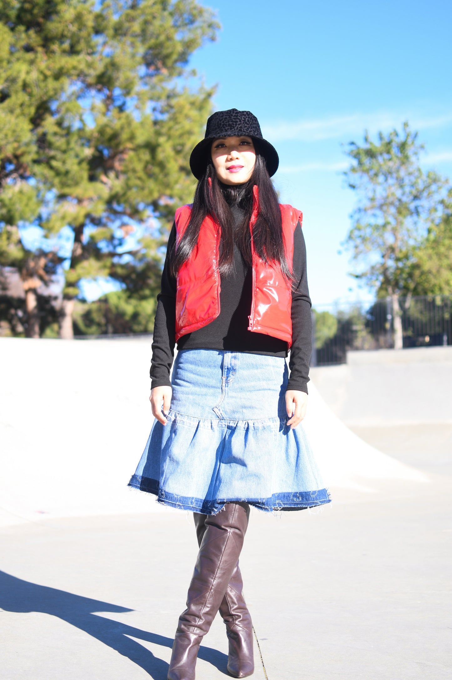 1 Of 1 Handmade A-Line Two Section Gathered Knee Length Denim Skirt With Contrast Color Frayed Edges Hem Upcycled Size Medium