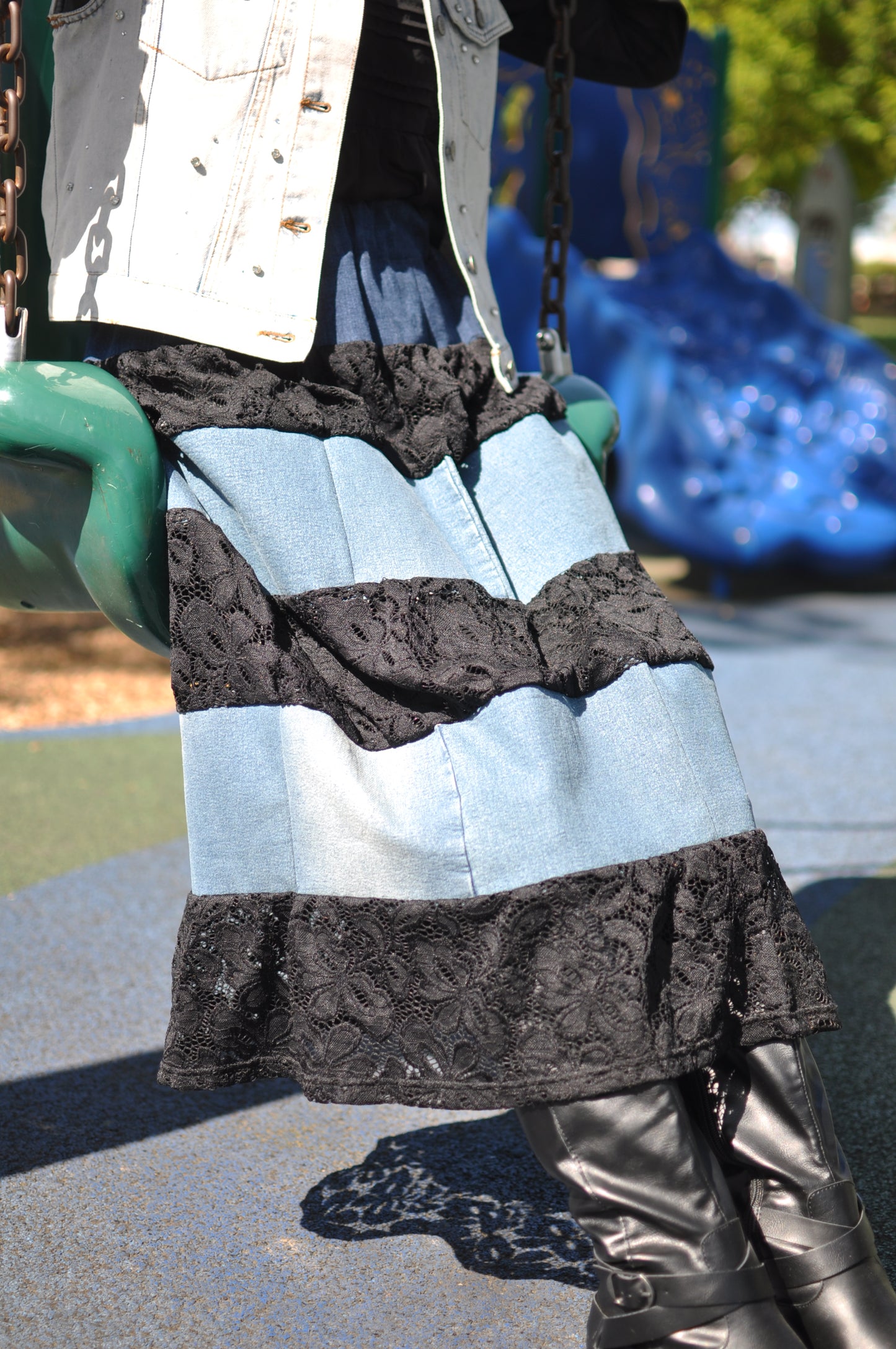 360 Degree Six Layered Upcycled Black Lace and Blue Denim Long Skirt With Elastic Waistband One Size Small Medium Large Size 4 Size 6 Size 8