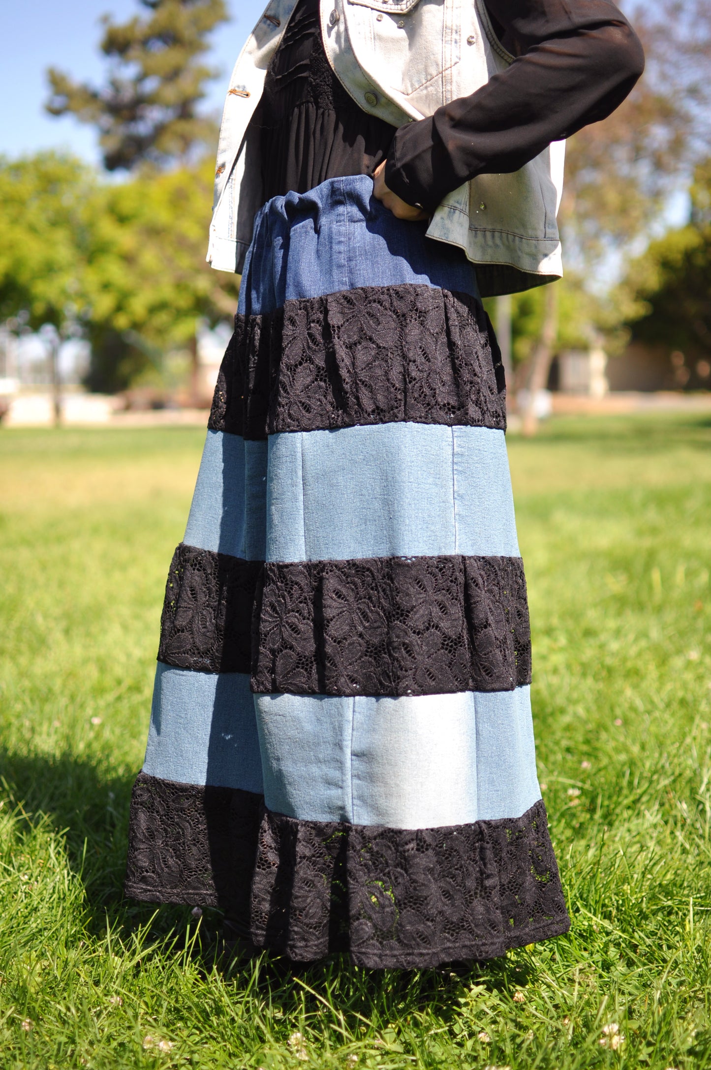 360 Degree Six Layered Upcycled Black Lace and Blue Denim Long Skirt With Elastic Waistband One Size Small Medium Large Size 4 Size 6 Size 8