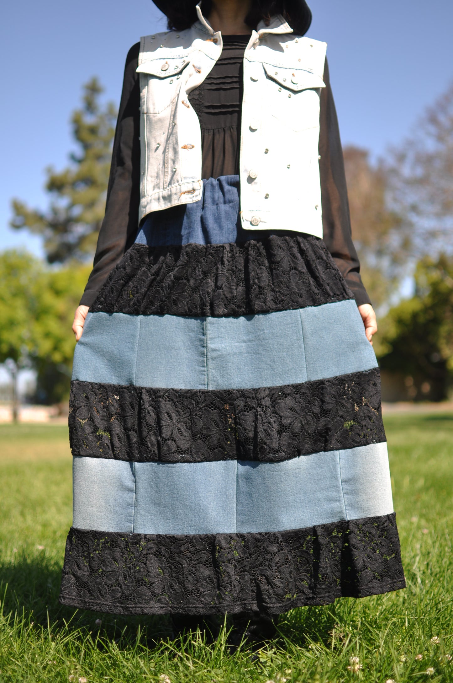 360 Degree Six Layered Upcycled Black Lace and Blue Denim Long Skirt With Elastic Waistband One Size Small Medium Large Size 4 Size 6 Size 8