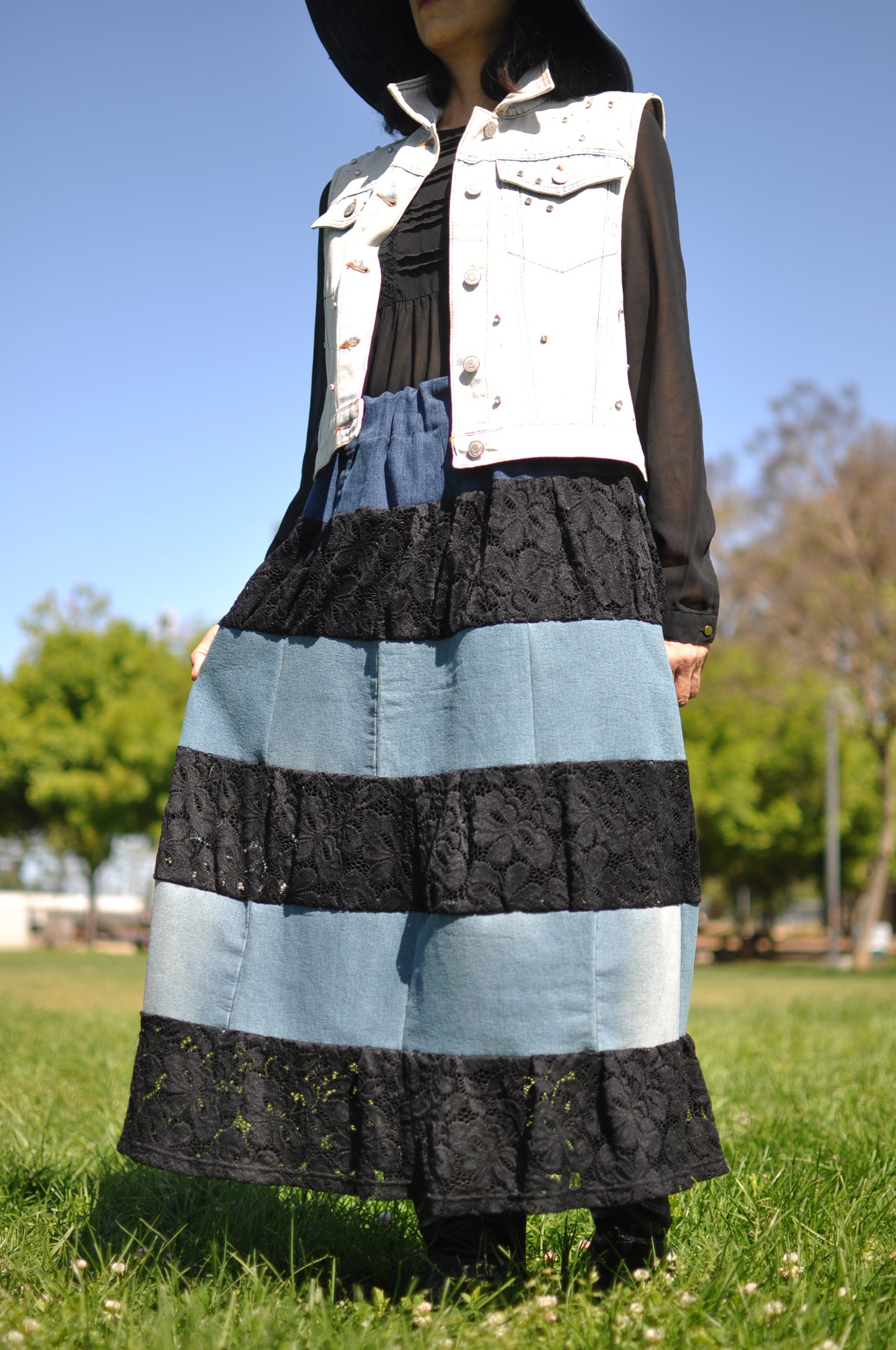 360 Degree Six Layered Upcycled Black Lace and Blue Denim Long Skirt With Elastic Waistband One Size Small Medium Large Size 4 Size 6 Size 8