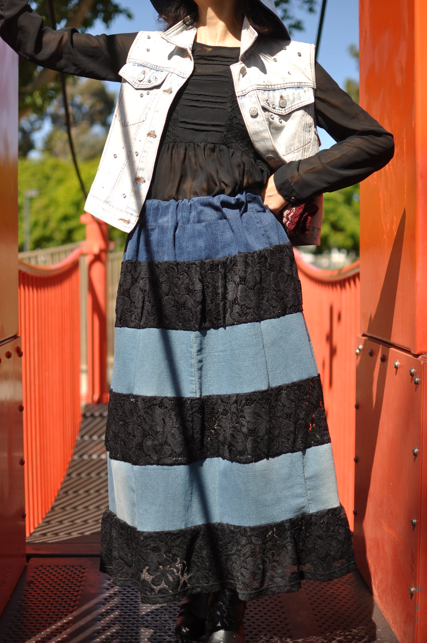 360 Degree Six Layered Upcycled Black Lace and Blue Denim Long Skirt With Elastic Waistband One Size Small Medium Large Size 4 Size 6 Size 8