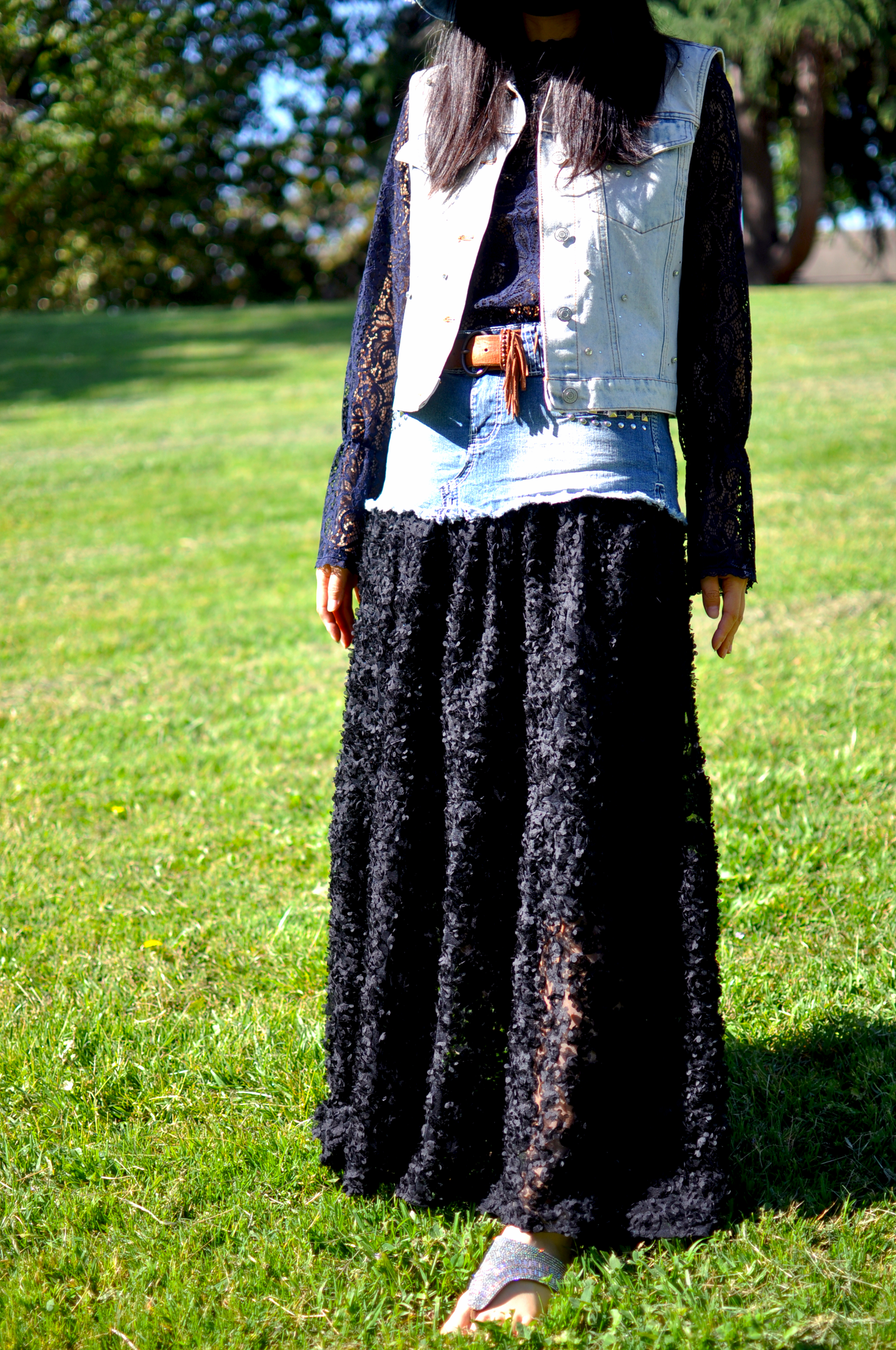 Black Floral Lace Low Waist Denim Long Skirt With Rivet Studs At Pockets Size Small Size Medium