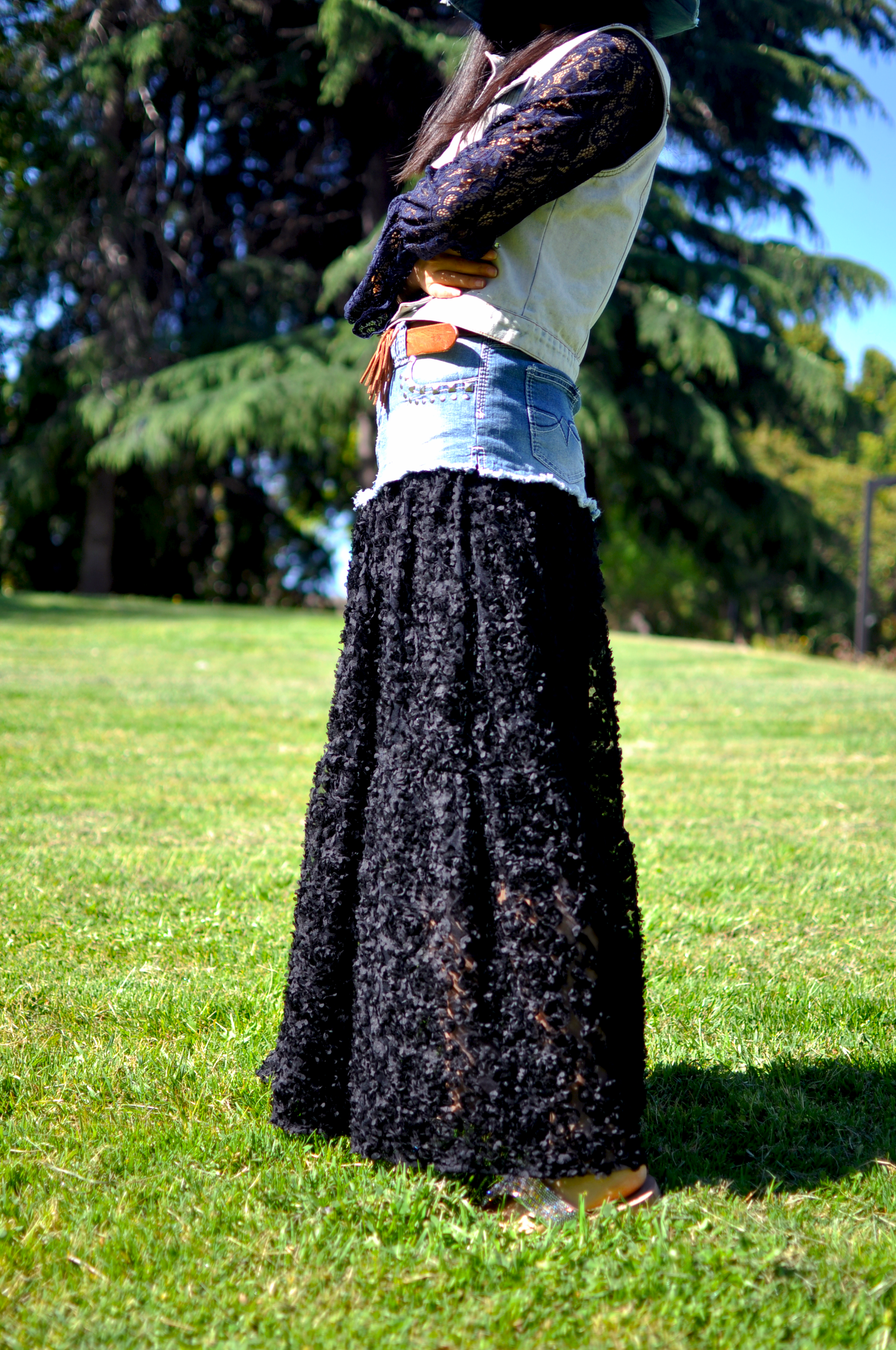 Black Floral Lace Low Waist Denim Long Skirt With Rivet Studs At Pockets Size Small Size Medium