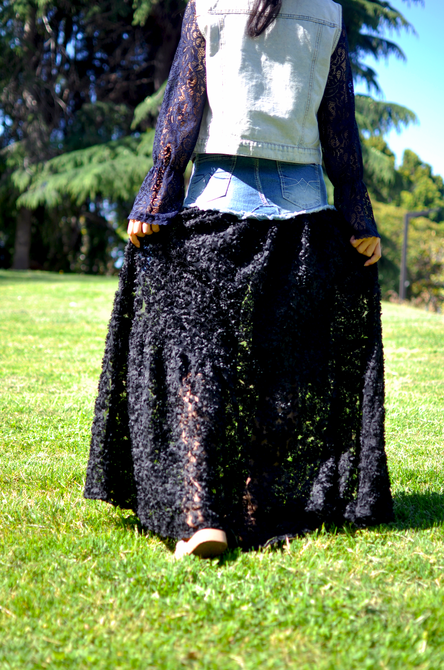 Black Floral Lace Low Waist Denim Long Skirt With Rivet Studs At Pockets Size Small Size Medium