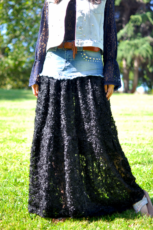 Black Floral Lace Low Waist Denim Long Skirt With Rivet Studs At Pockets Size Small Size Medium