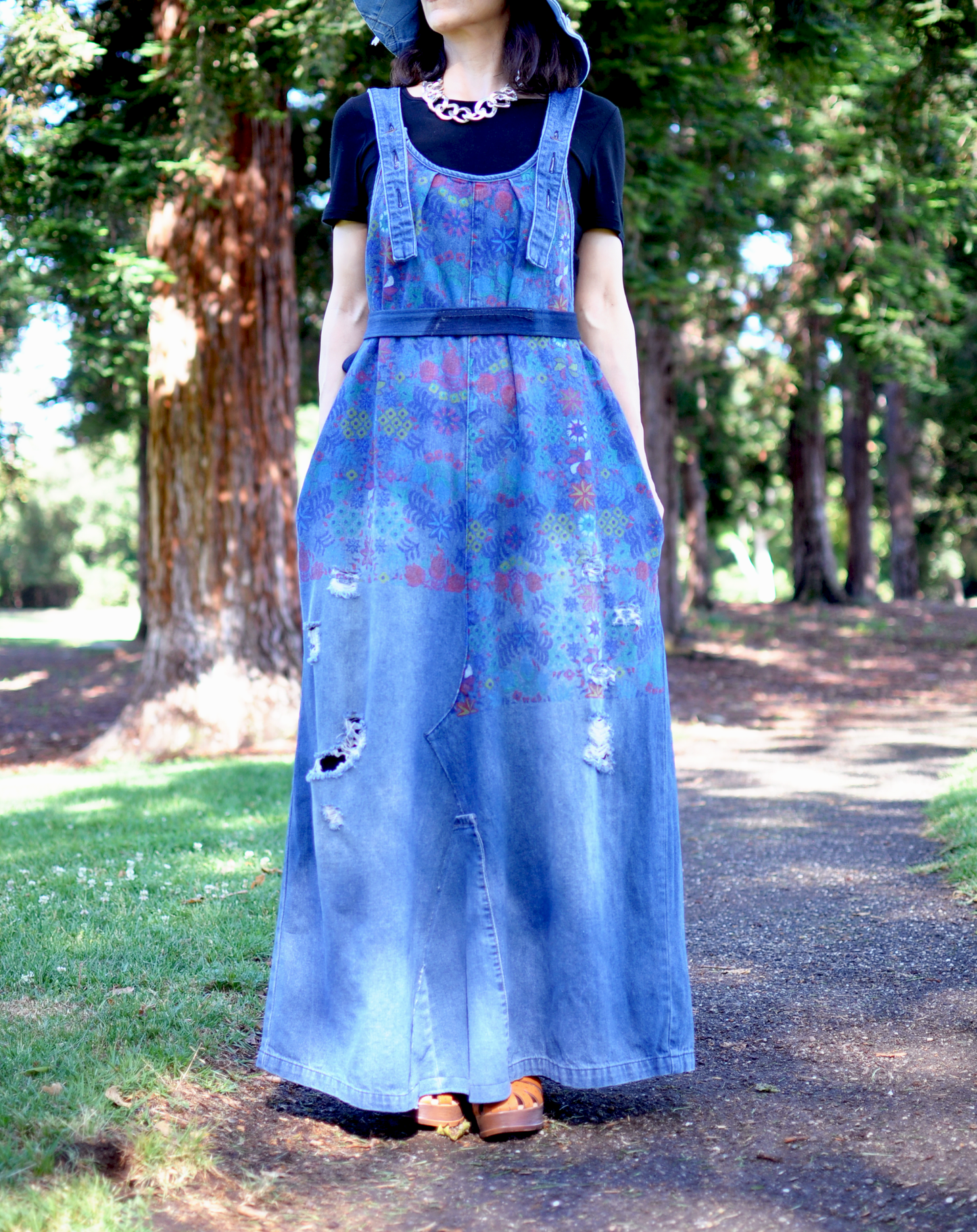 Handmade Colorful Flowers Print Denim Maxi Dress Upcycled With Straps Inseam Pockets Buttons And Belt One Size Size L XL XXL XXXL Plus Size