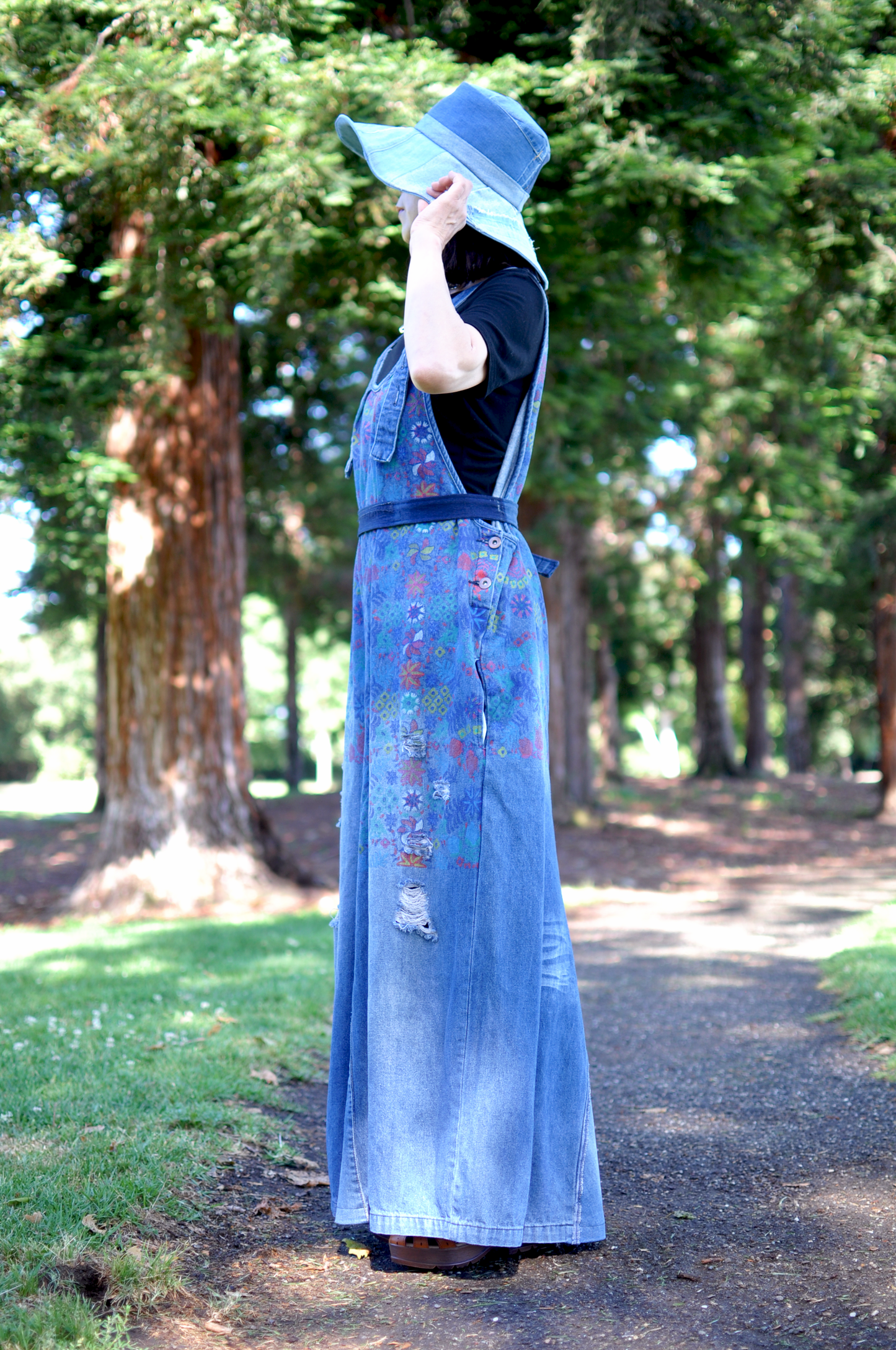 Handmade Colorful Flowers Print Denim Maxi Dress Upcycled With Straps Inseam Pockets Buttons And Belt One Size Size L XL XXL XXXL Plus Size