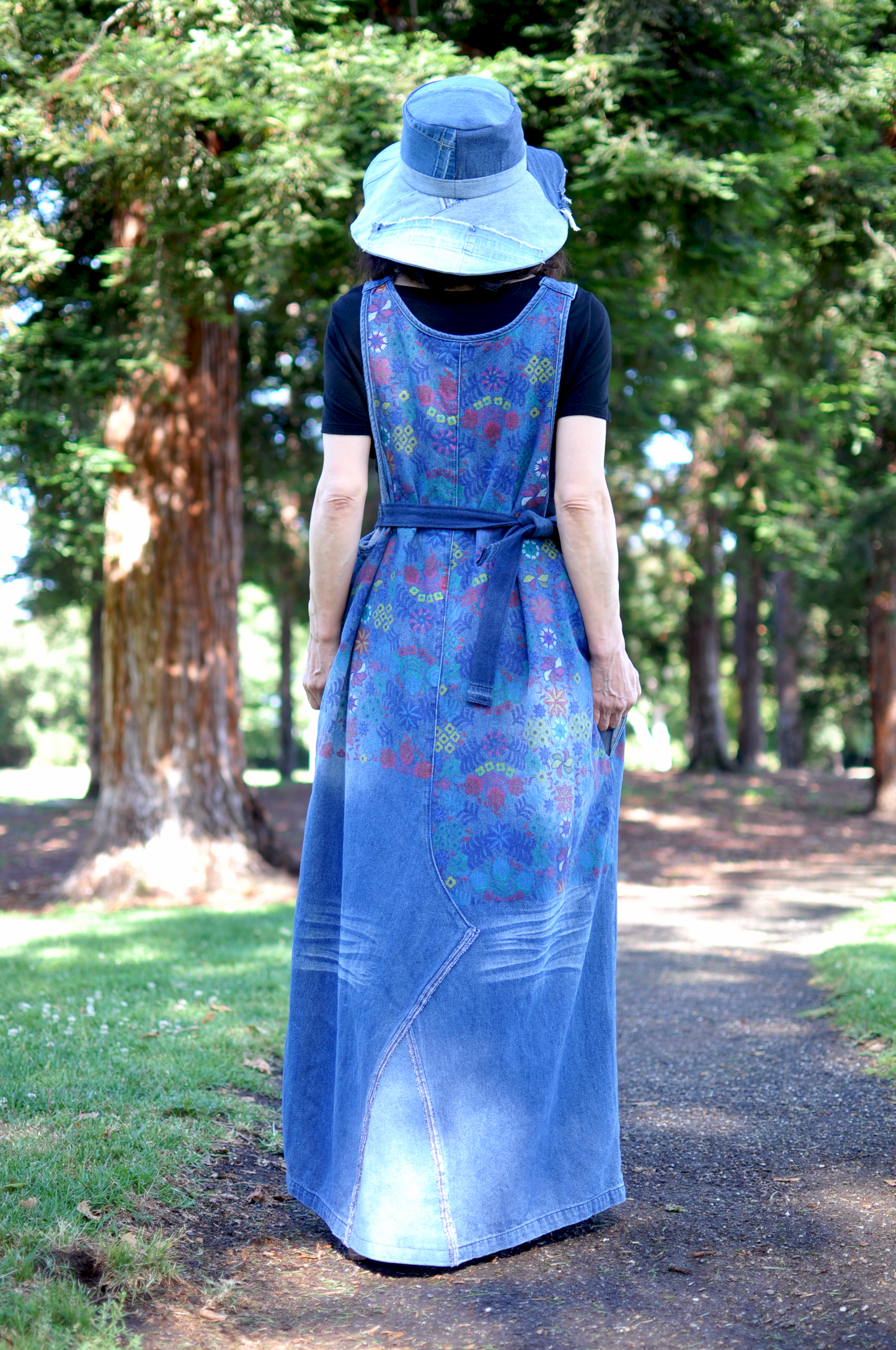 Handmade Colorful Flowers Print Denim Maxi Dress Upcycled With Straps Inseam Pockets Buttons And Belt One Size Size L XL XXL XXXL Plus Size