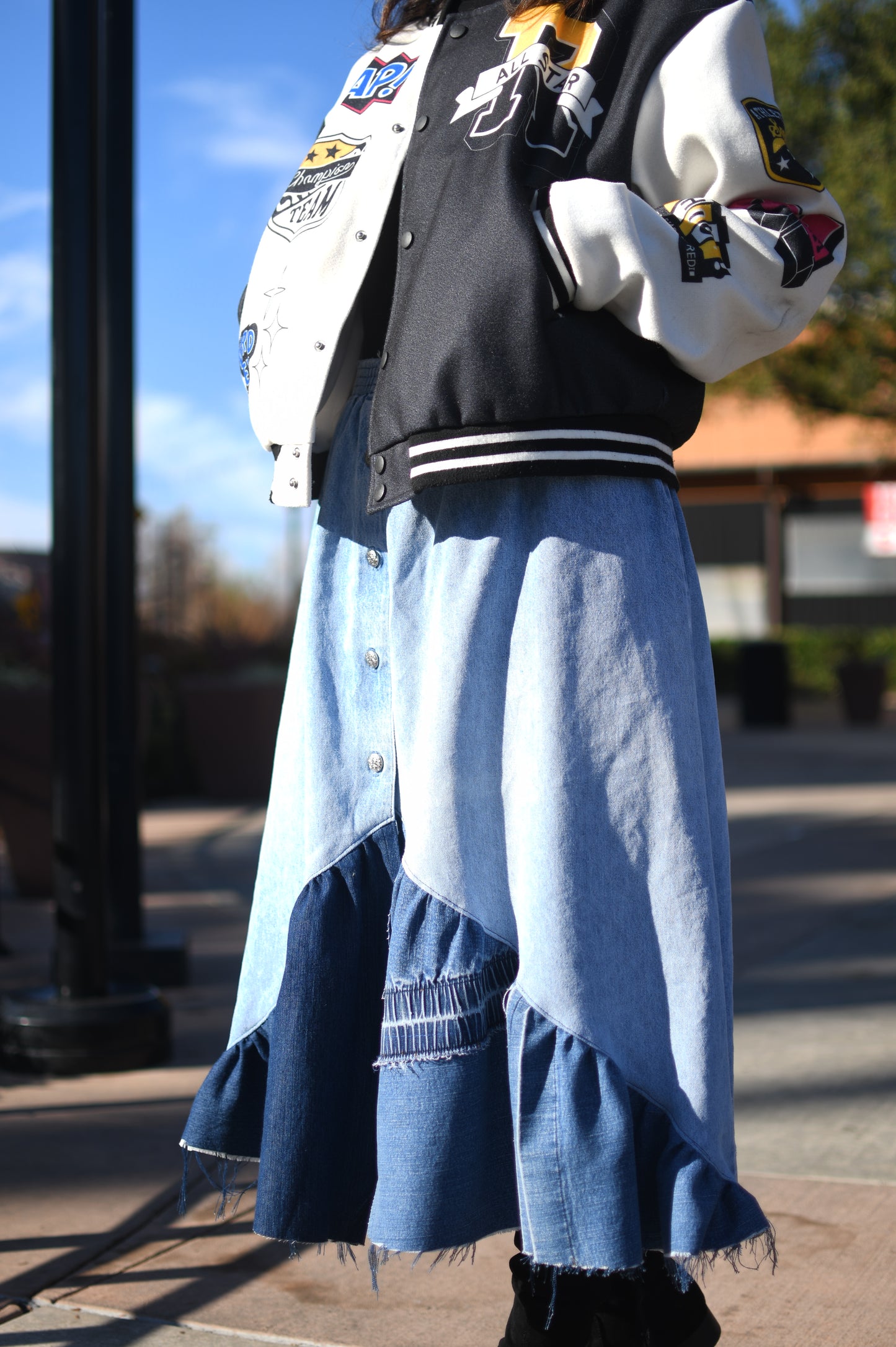 Handmade 1 Of 1 Upcycled Button-Down Angled Two Section Denim Long Skirt W/ Inseam Pockets And Elastic Waistband Size Medium Large XL 1X 2X