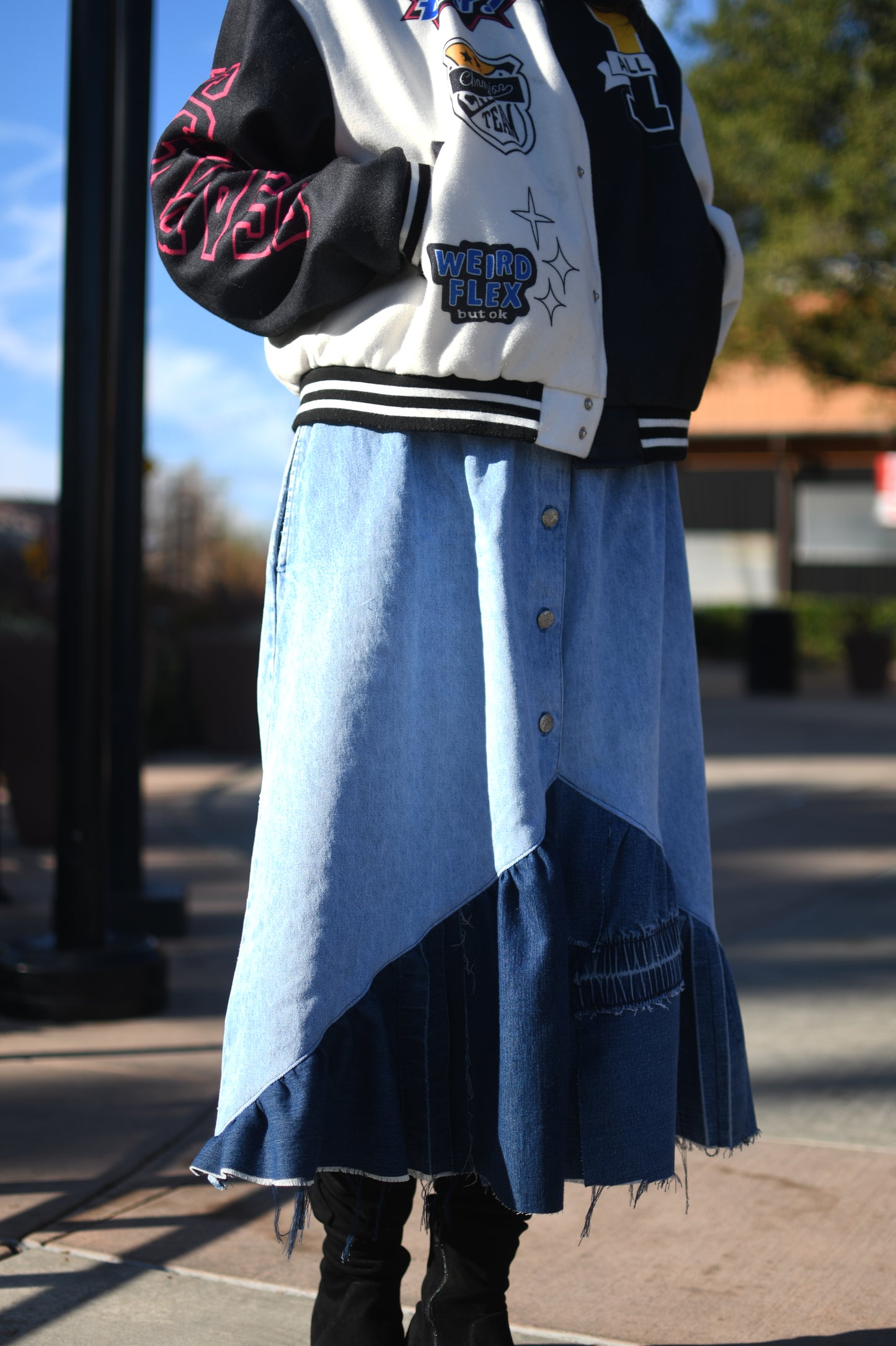 Handmade 1 Of 1 Upcycled Button-Down Angled Two Section Denim Long Skirt W/ Inseam Pockets And Elastic Waistband Size Medium Large XL 1X 2X