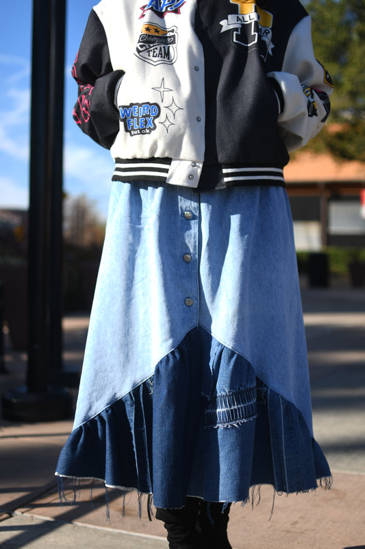 Handmade 1 Of 1 Upcycled Button-Down Angled Two Section Denim Long Skirt W/ Inseam Pockets And Elastic Waistband Size Medium Large XL 1X 2X