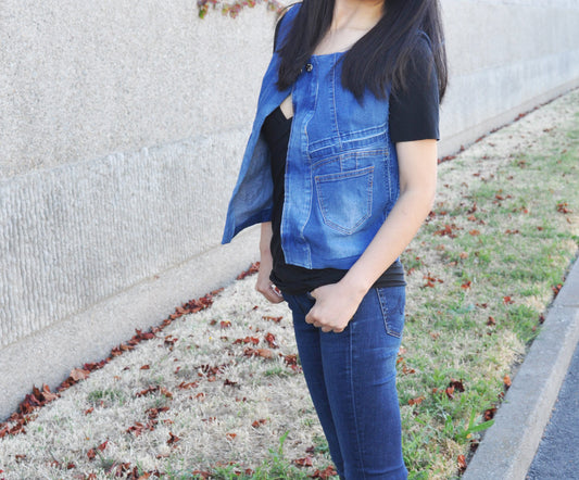 Blue Denim Vest Upcycled Size Small With TWO POCKETS