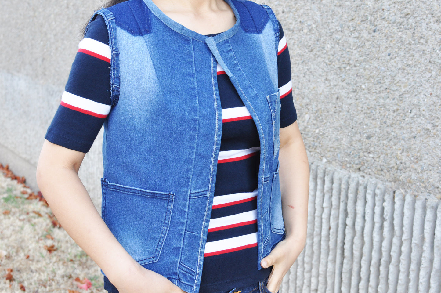 Blue Denim Vest Upcycled Size Small With Three POCKETS