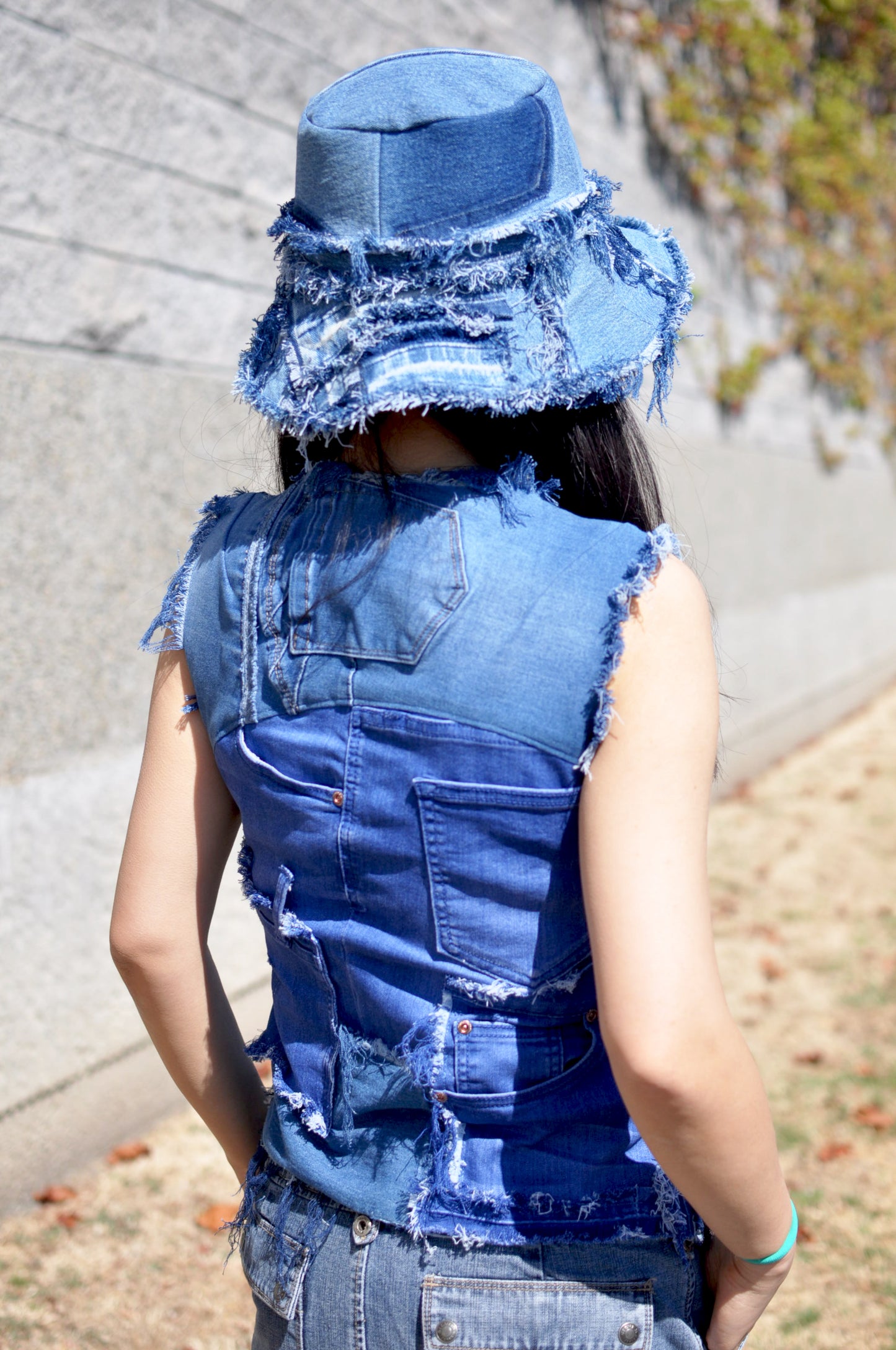 Fray and Pocket Detail Upcycled Womens Denim Patchwork Top