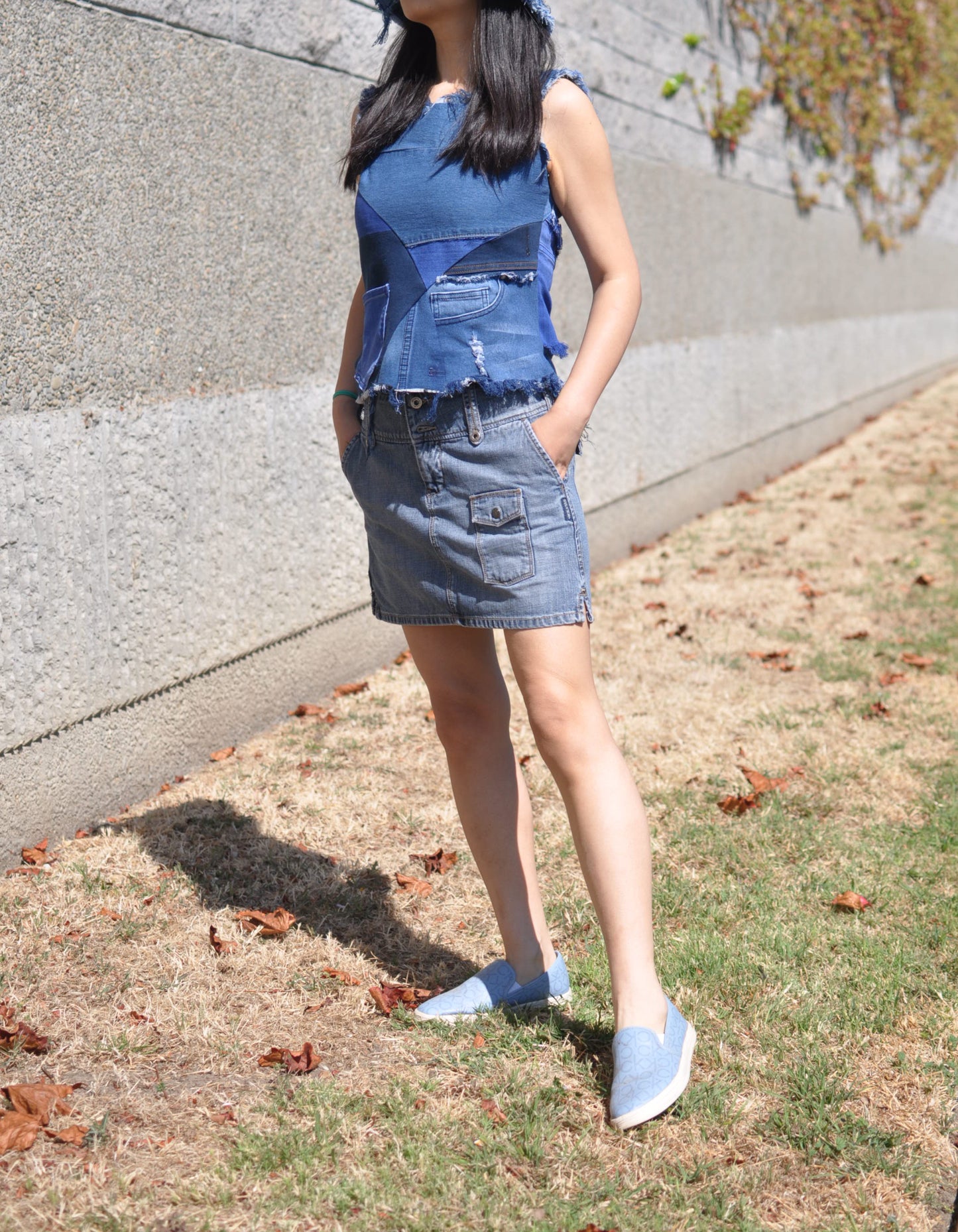 Fray and Pocket Detail Upcycled Womens Denim Patchwork Top