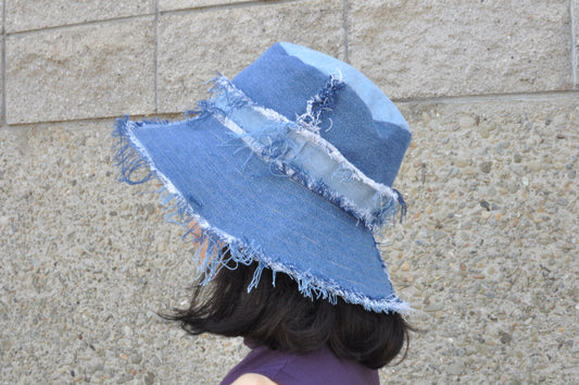 Frayed Denim Bucket Hat one size 23"-24" head circumference