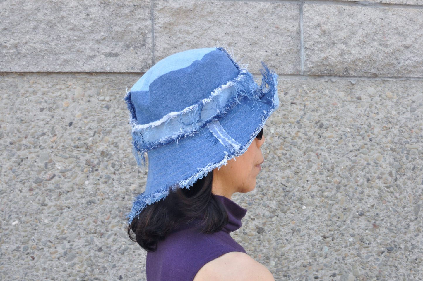 Frayed Denim Bucket Hat one size 23"-24" head circumference