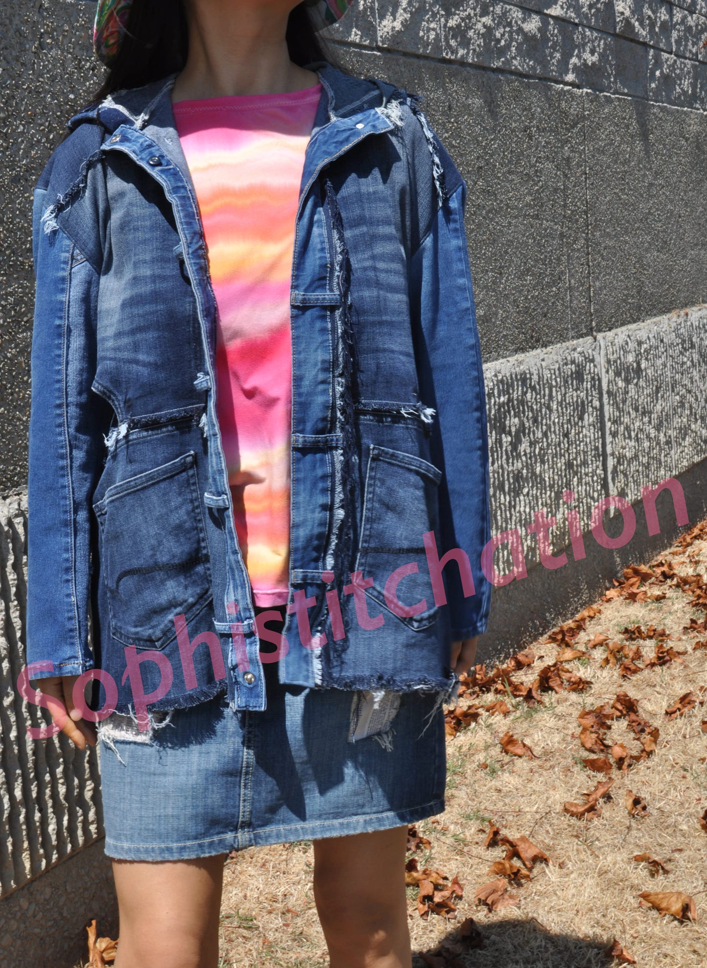 UNISEX frayed denim outwear / jacket with hood handmade one size Womens Size Large X-Large Mens Size Medium Large