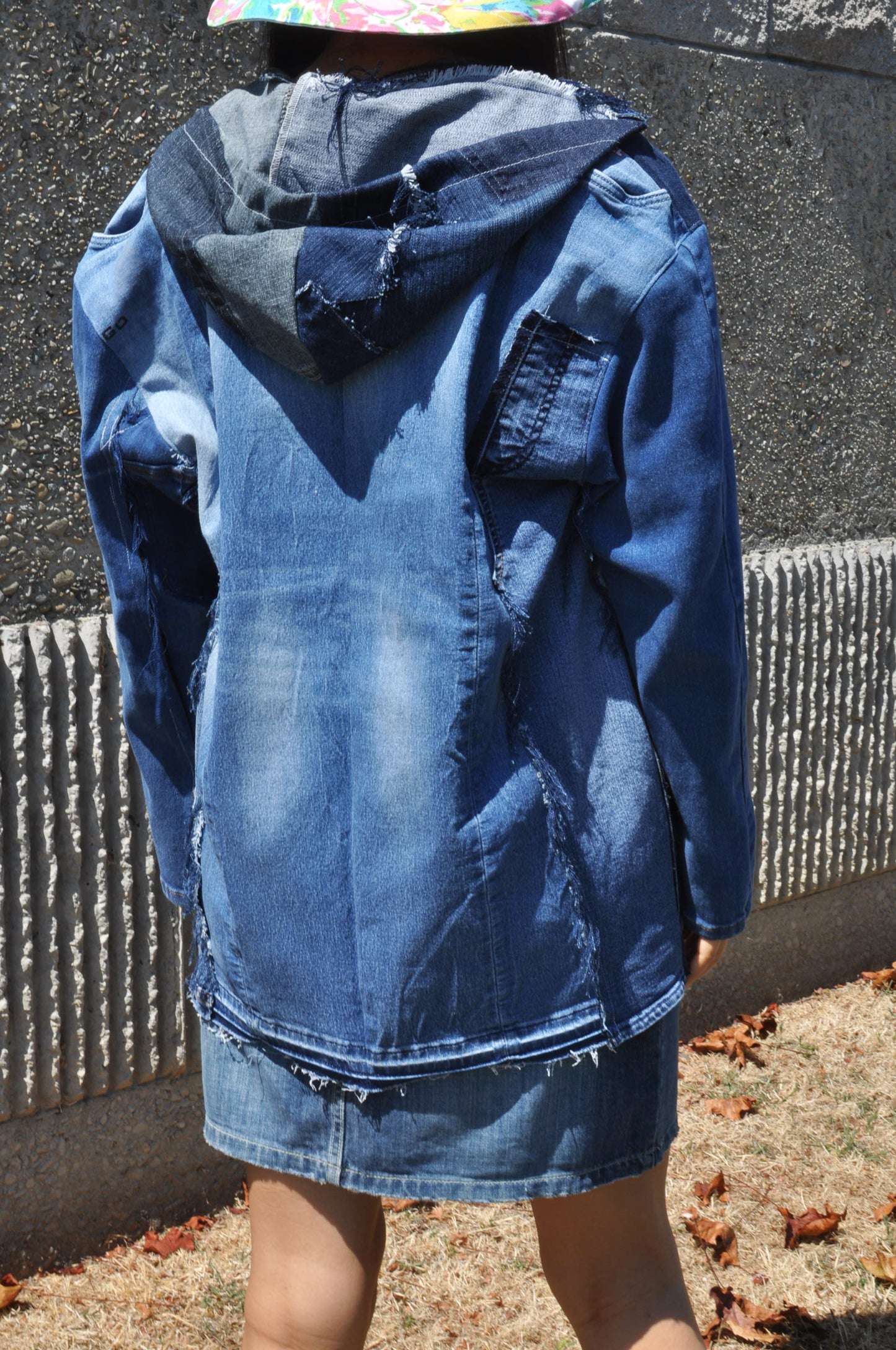 UNISEX frayed denim outwear / jacket with hood handmade one size Womens Size Large X-Large Mens Size Medium Large