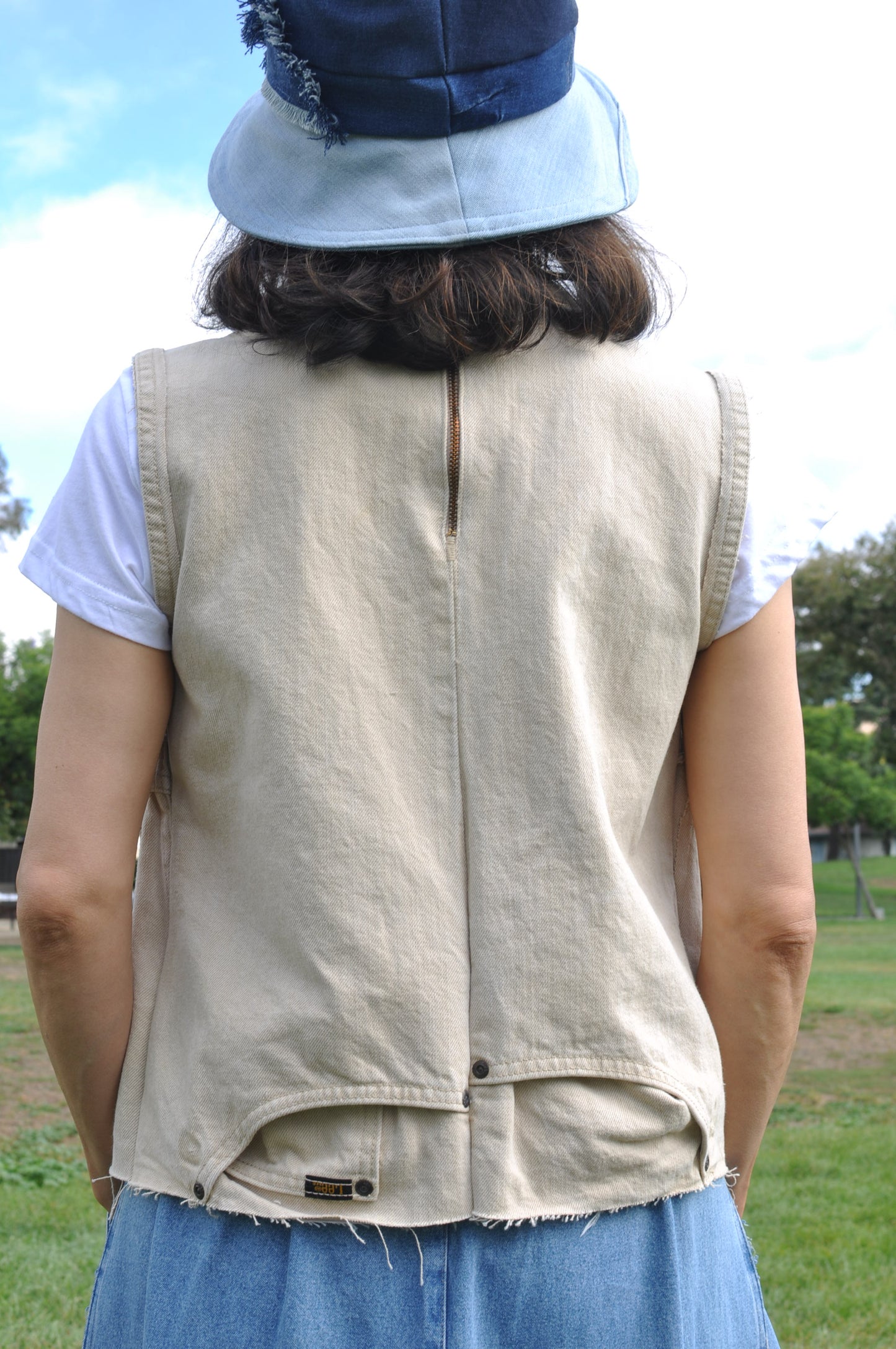 Neutral Color Upcycled womens denim vest Size Small/Size 6 with Two POCKET Unique One piece zipper design at back