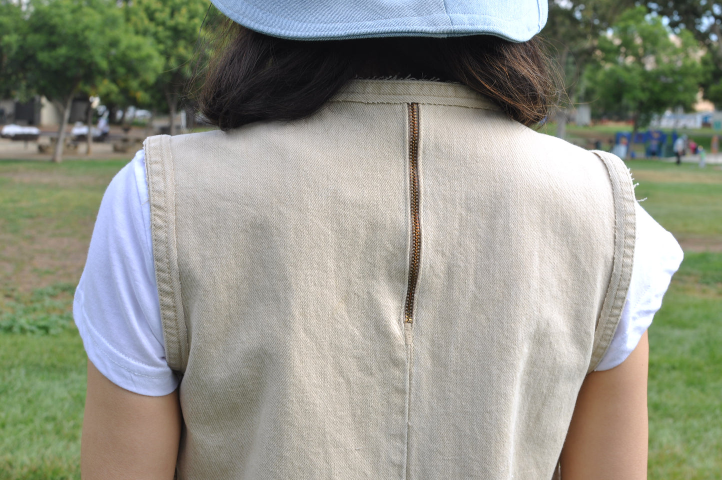 Neutral Color Upcycled womens denim vest Size Small/Size 6 with Two POCKET Unique One piece zipper design at back