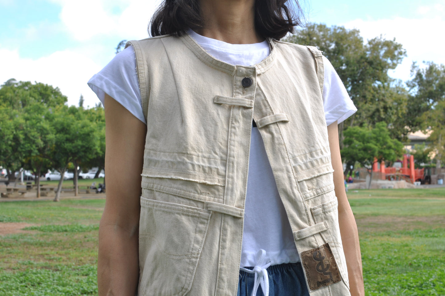 Neutral Color Upcycled womens denim vest Size Small/Size 6 with Two POCKET Unique One piece zipper design at back