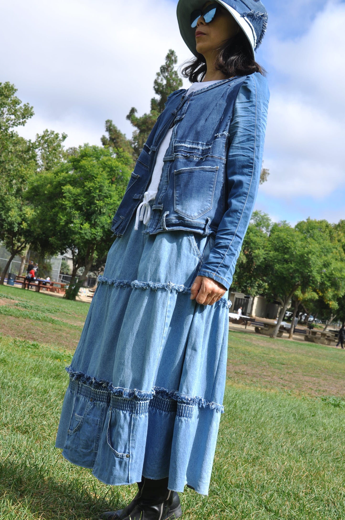 Upcycled Women's Gathered Sleeves Cropped Denim Jacket From Jeans With Two Patch Pockets