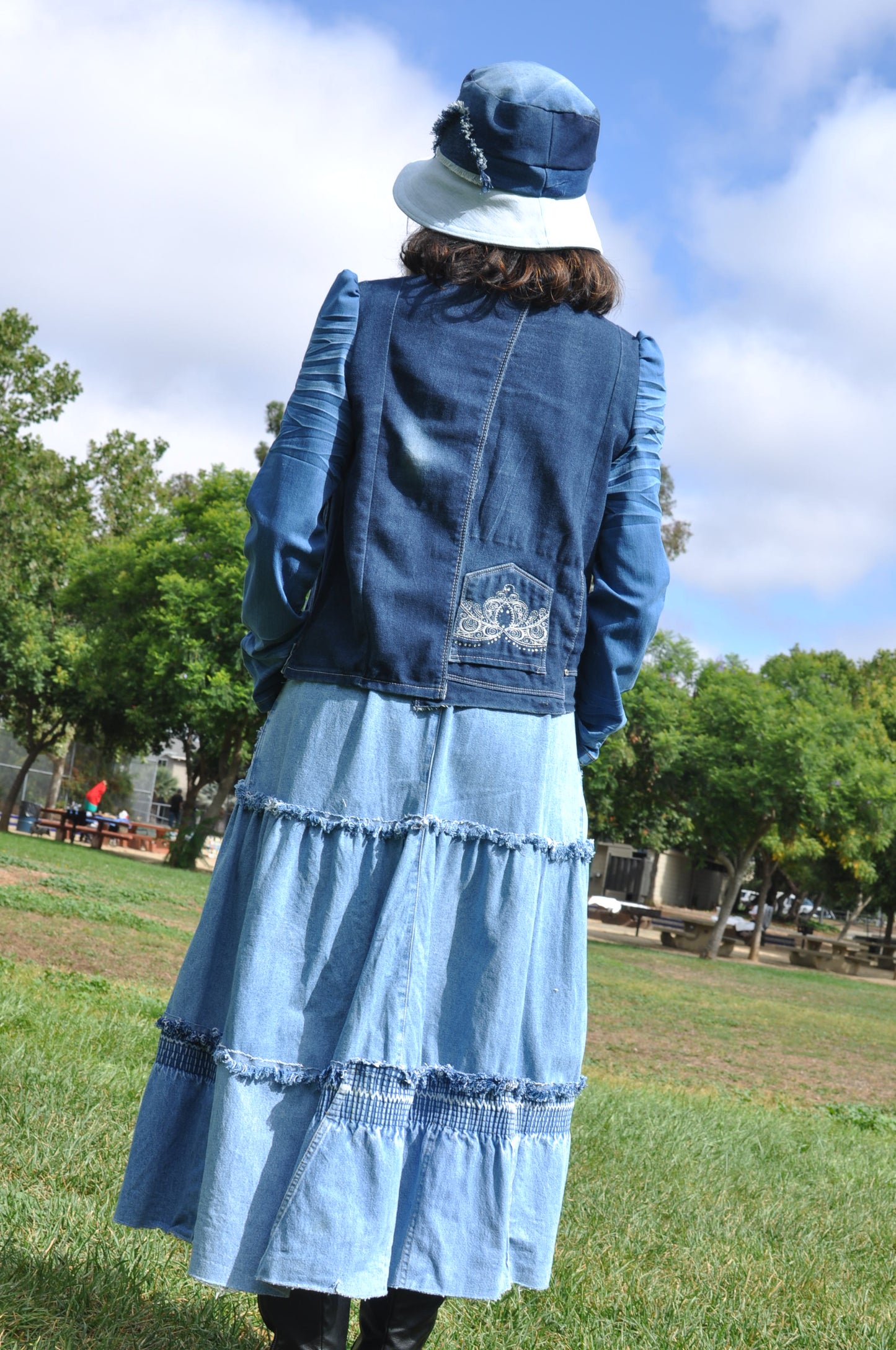 Upcycled Women's Gathered Sleeves Cropped Denim Jacket From Jeans With Two Patch Pockets