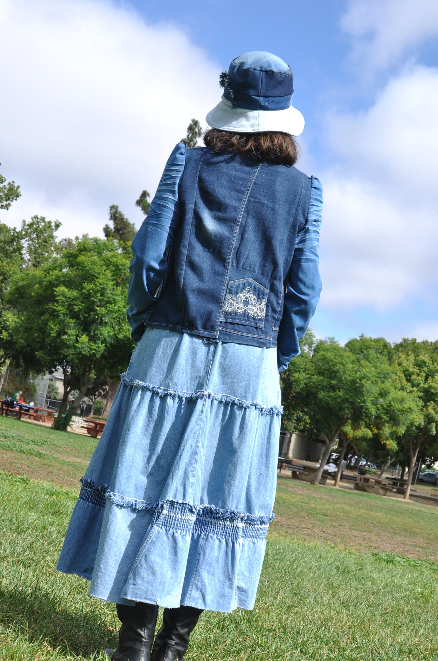 Upcycled Women's Gathered Sleeves Cropped Denim Jacket From Jeans With Two Patch Pockets