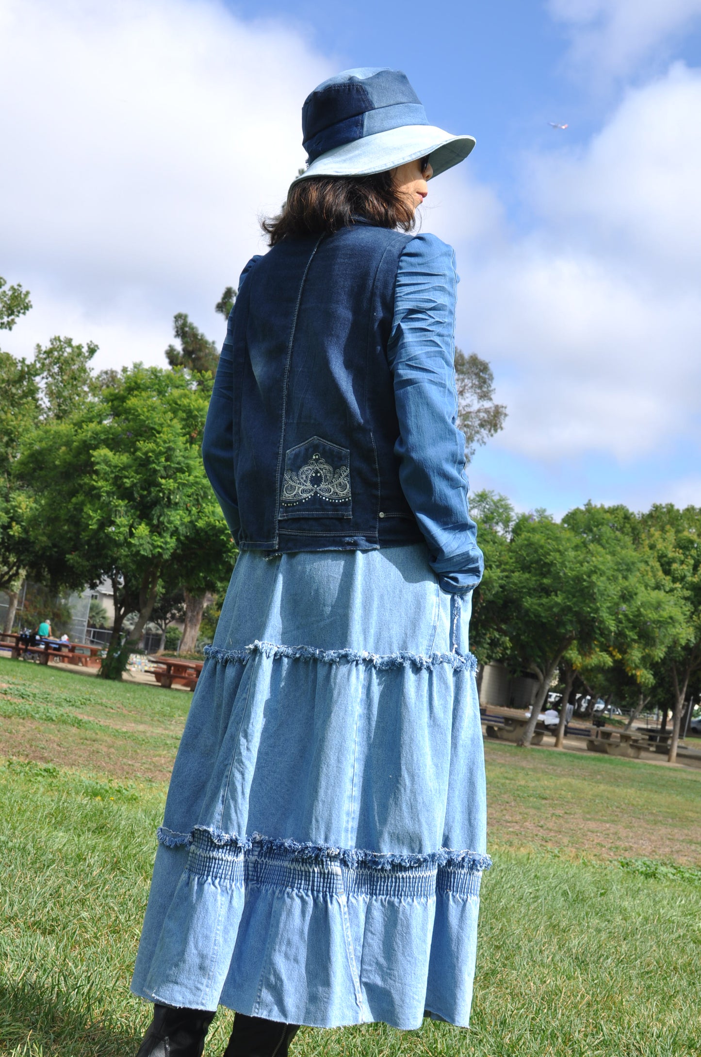 Upcycled Women's Gathered Sleeves Cropped Denim Jacket From Jeans With Two Patch Pockets