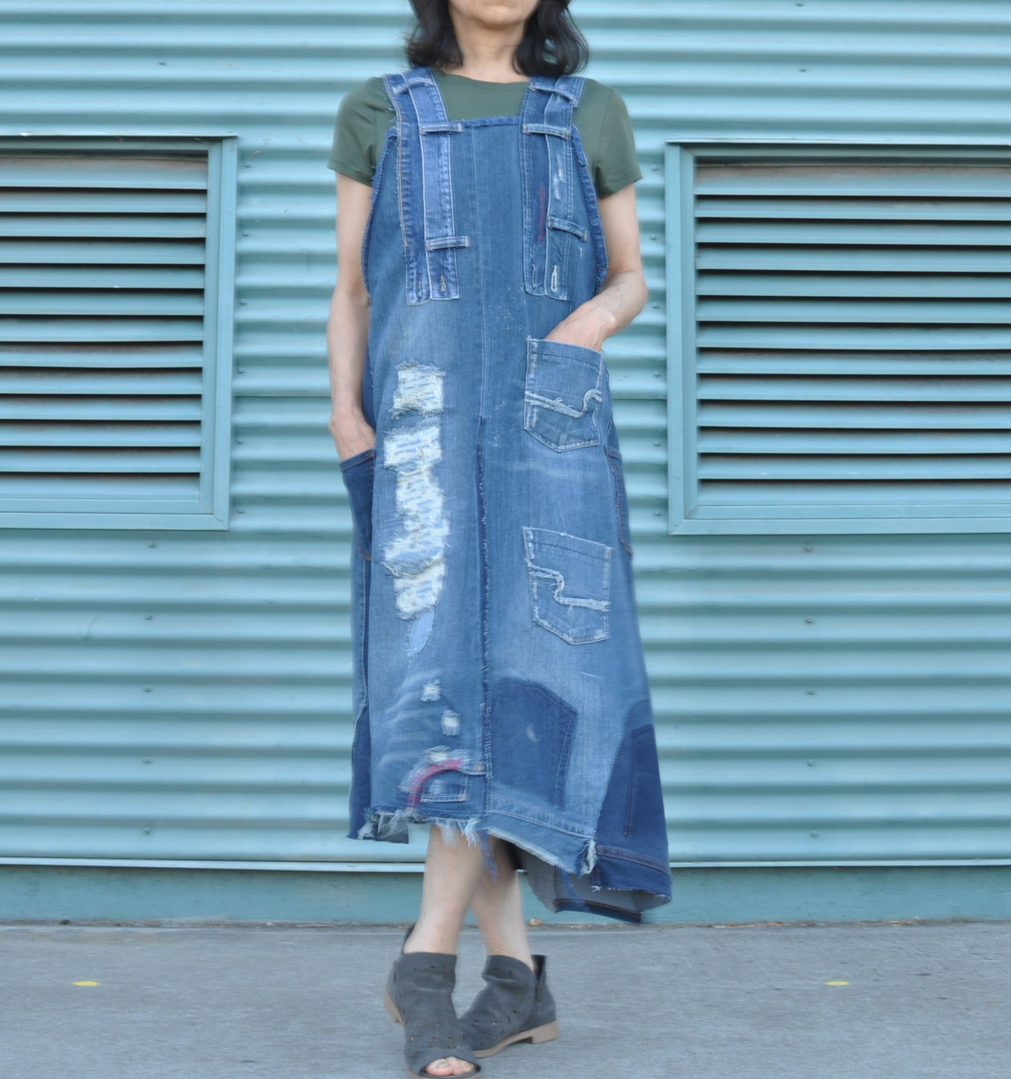 Upcycled Womens denim Maxi dress with straps and 4 Pockets.