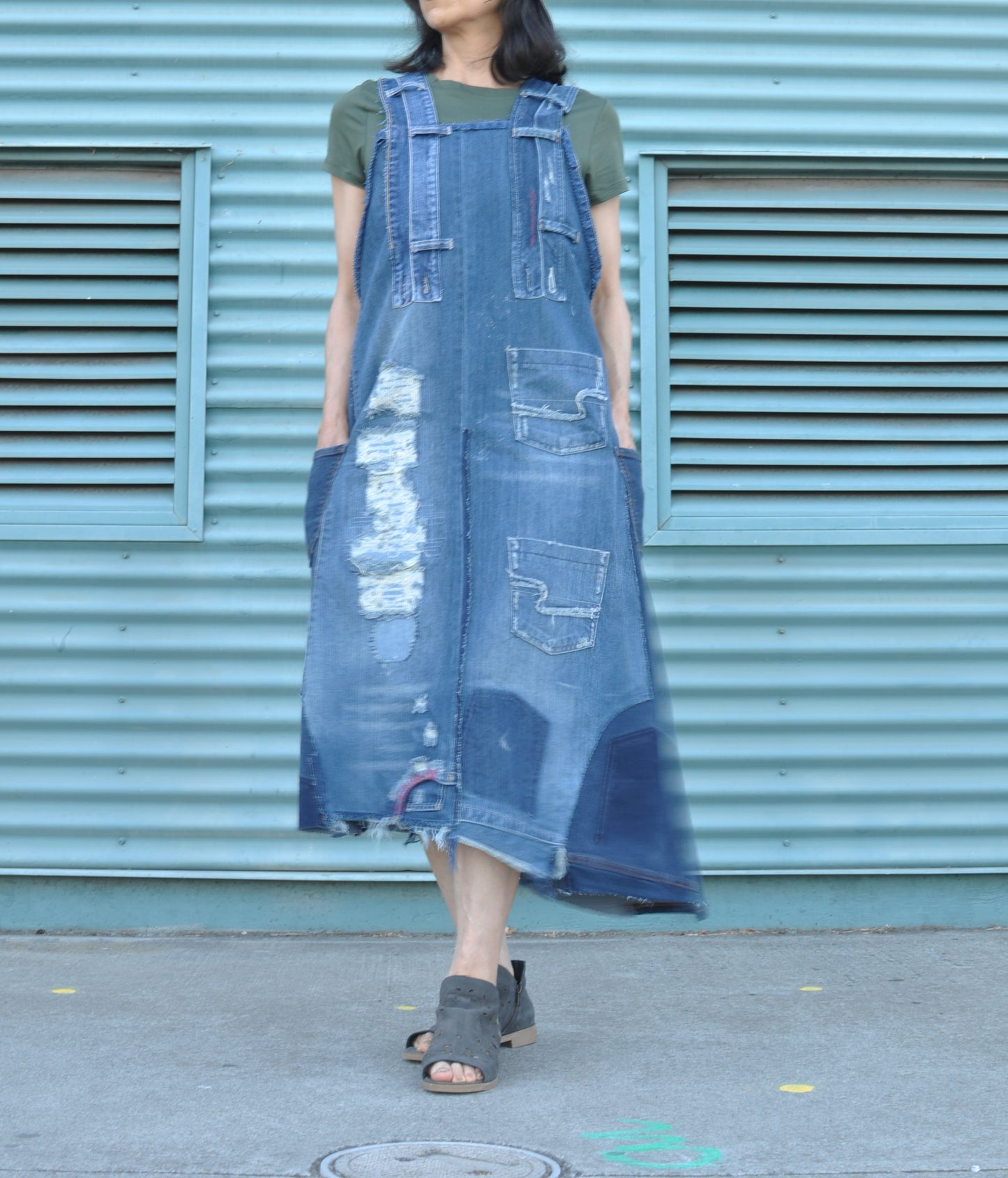 Upcycled Womens denim Maxi dress with straps and 4 Pockets.