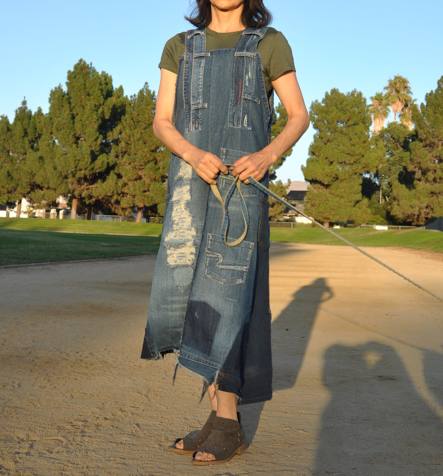 Upcycled Womens denim Maxi dress with straps and 4 Pockets.