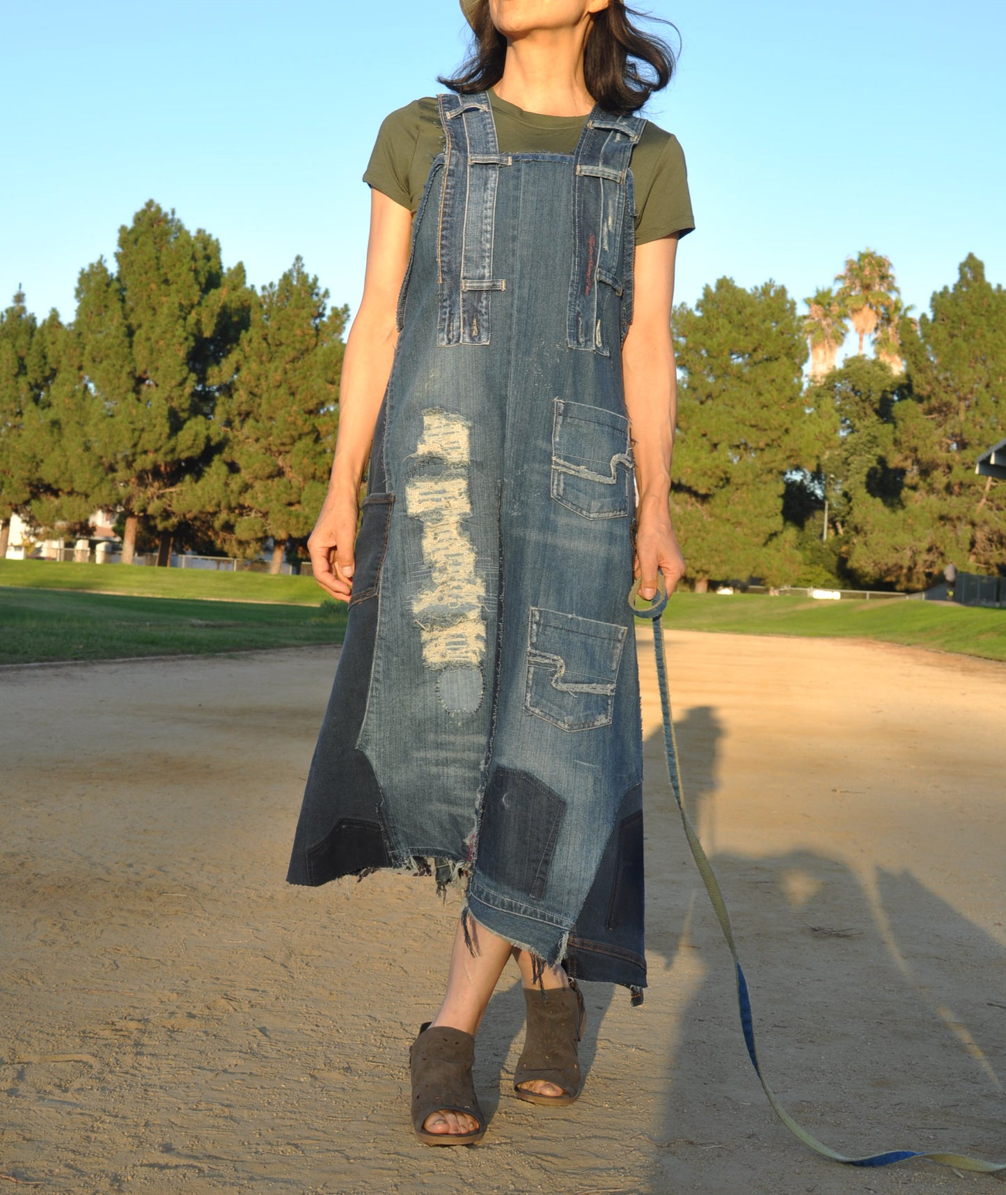 Upcycled Womens denim Maxi dress with straps and 4 Pockets.