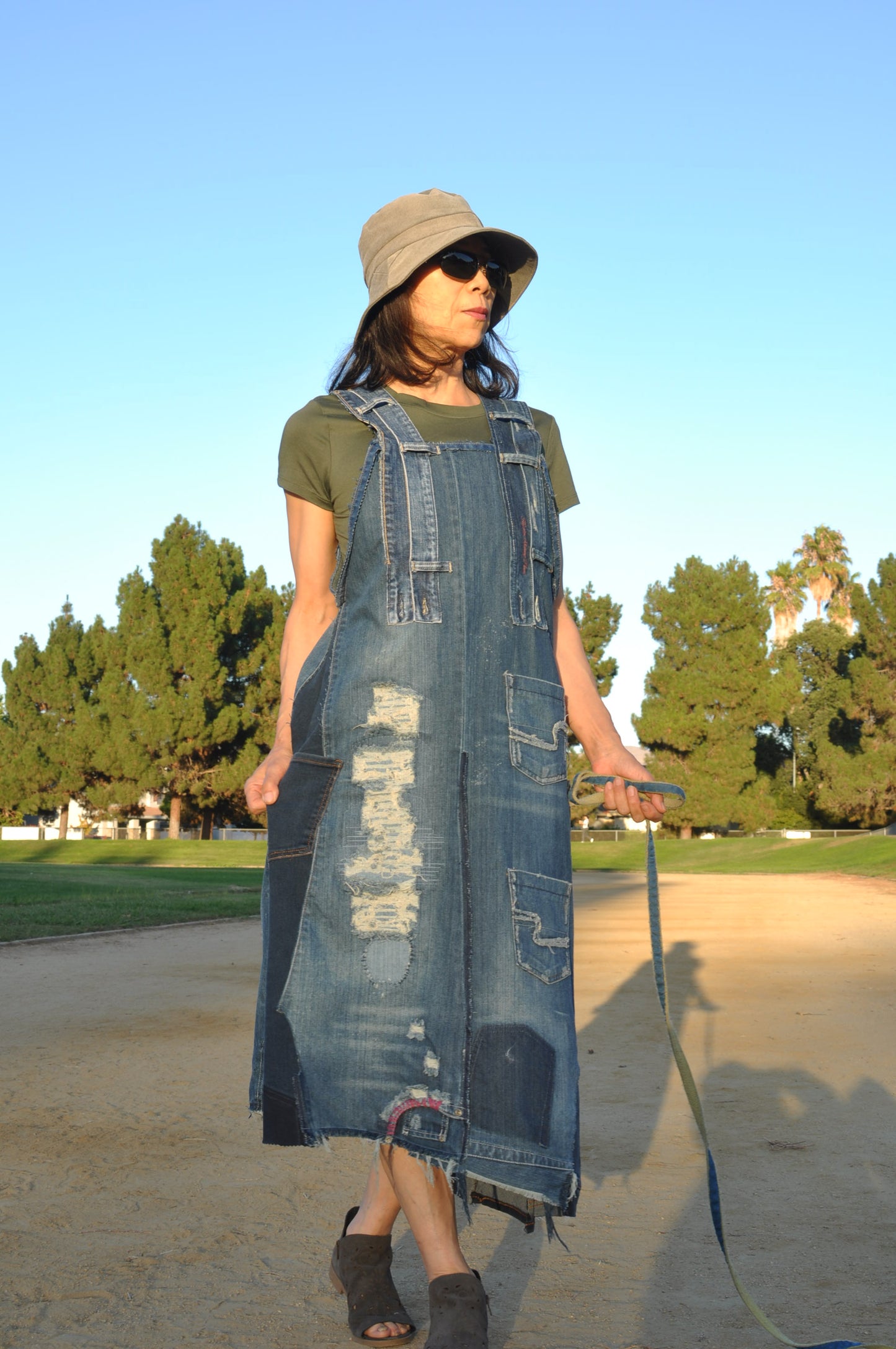 Upcycled Womens denim Maxi dress with straps and 4 Pockets.