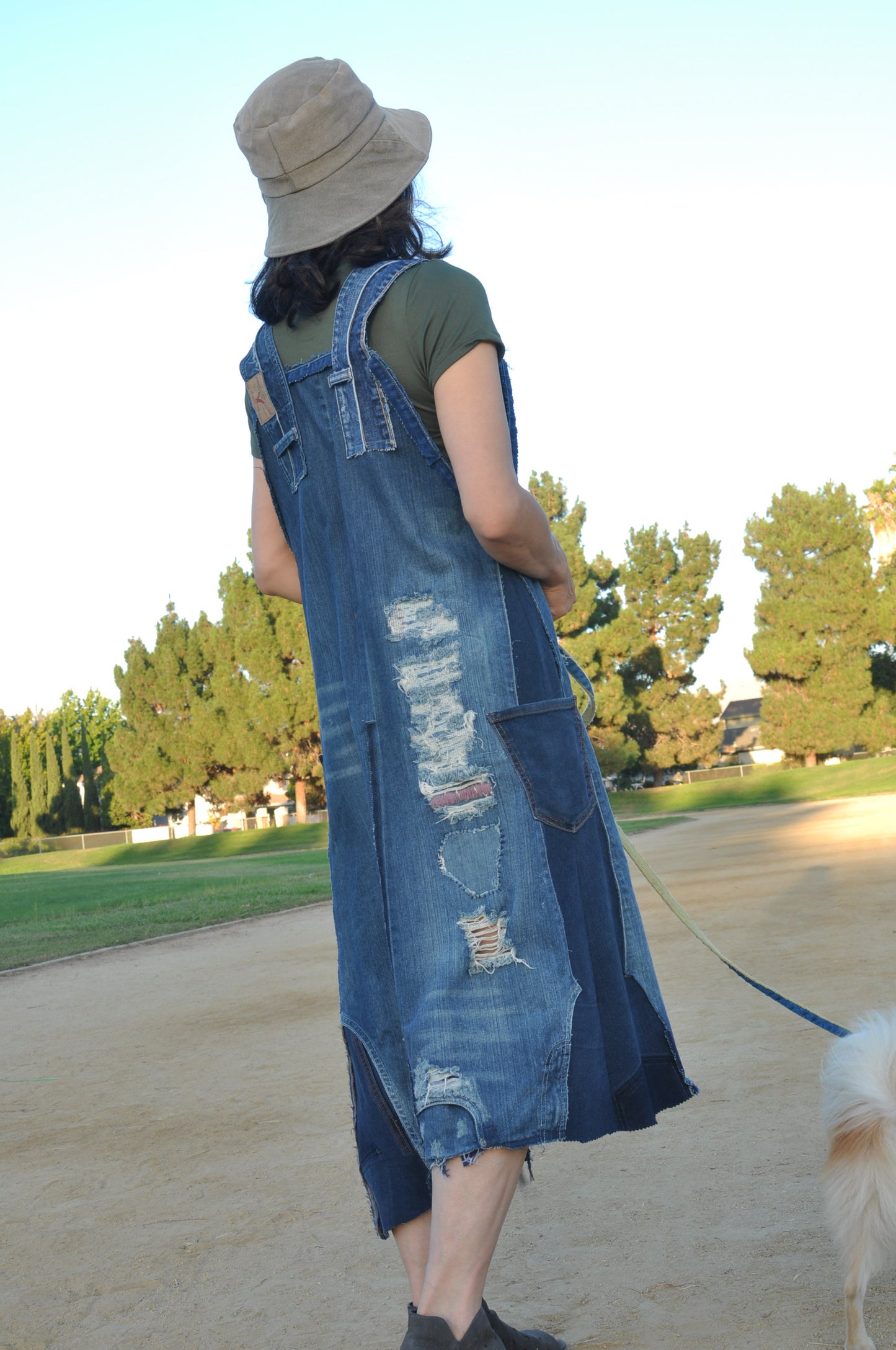 Upcycled Womens denim Maxi dress with straps and 4 Pockets.