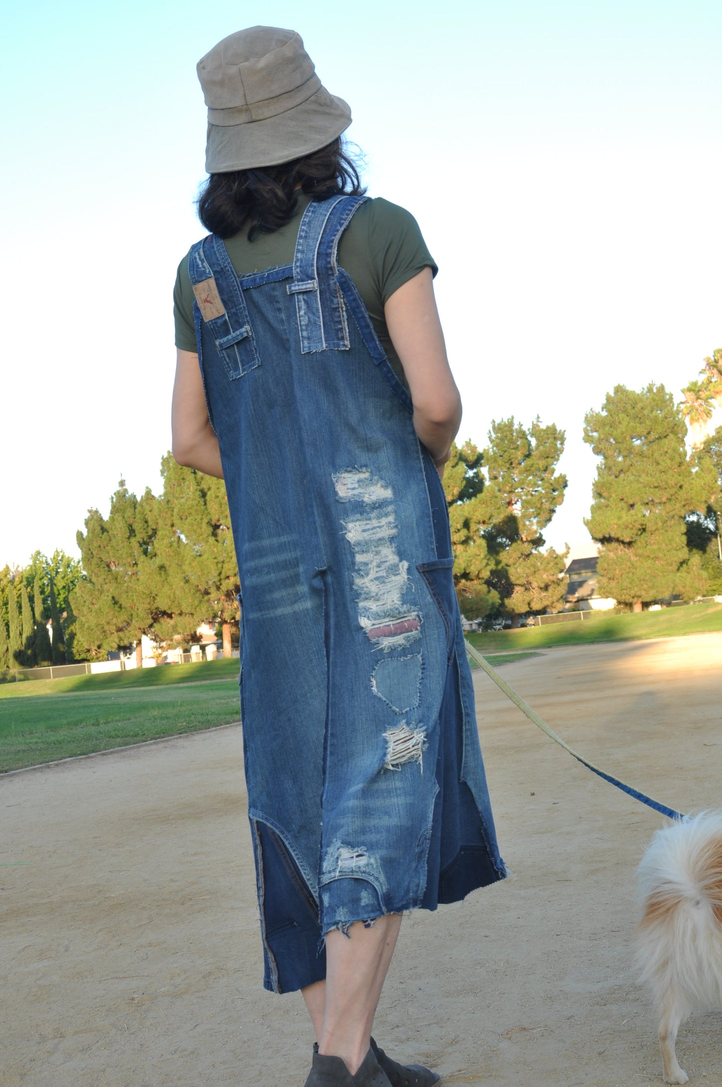 Upcycled Womens denim Maxi dress with straps and 4 Pockets.