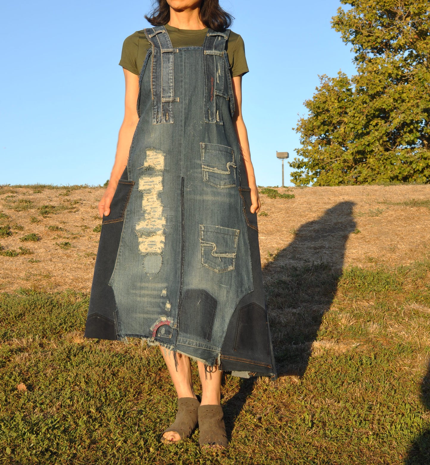 Upcycled Womens denim Maxi dress with straps and 4 Pockets.