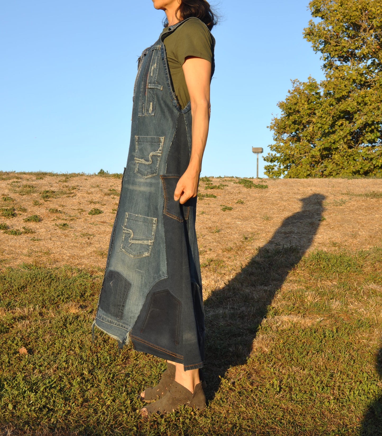 Upcycled Womens denim Maxi dress with straps and 4 Pockets.