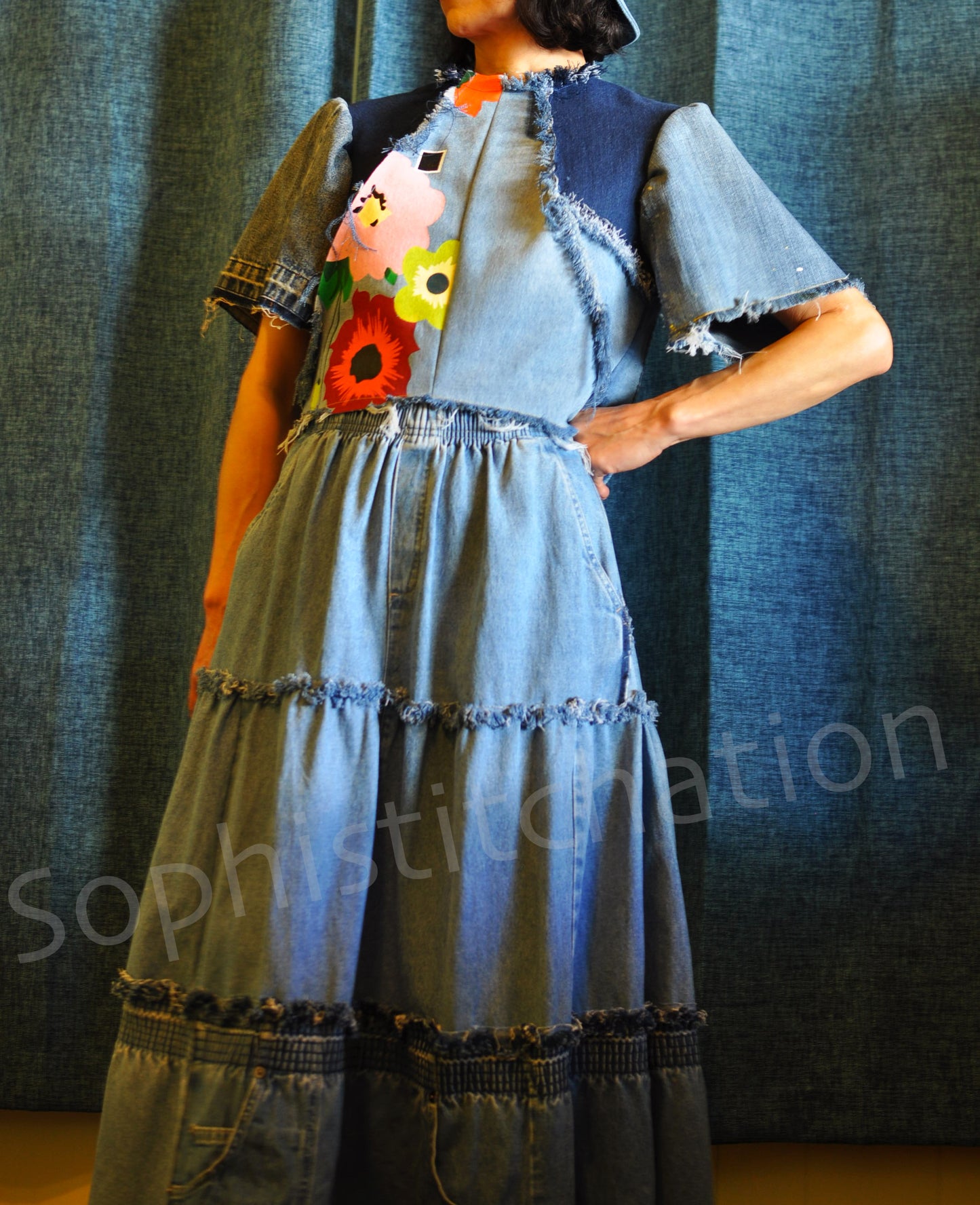 Upcycled Fray Edges Denim Top with Screen Printing Princess Line at back Size Small